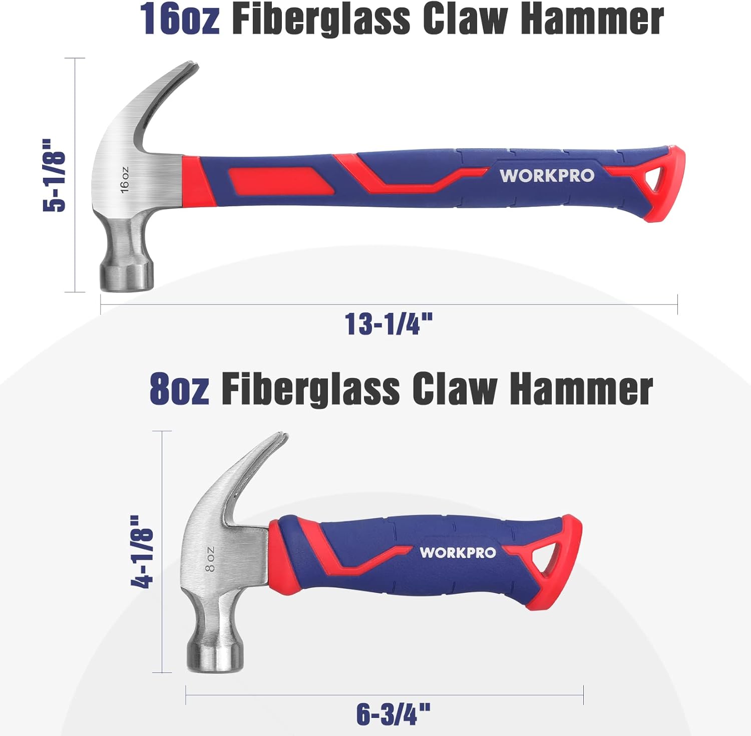 WORKPRO 2-piece claw hammer set: 8 oz and 16 oz heads, fiberglass handles