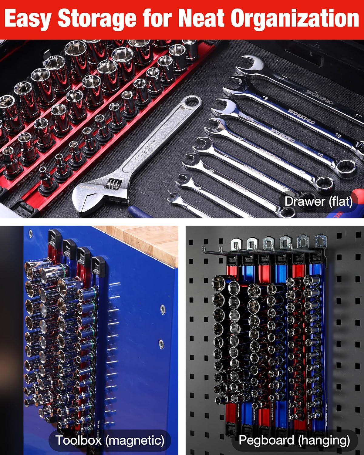 Magnetic socket organizer with red rail, black clips, and mounted storage on toolbox