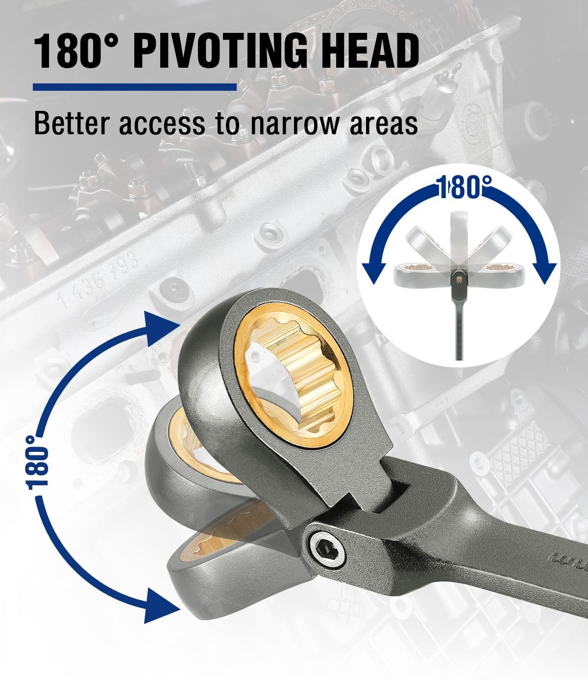11 mm 180° flex-head ratcheting combination wrench with 12-point box and open end