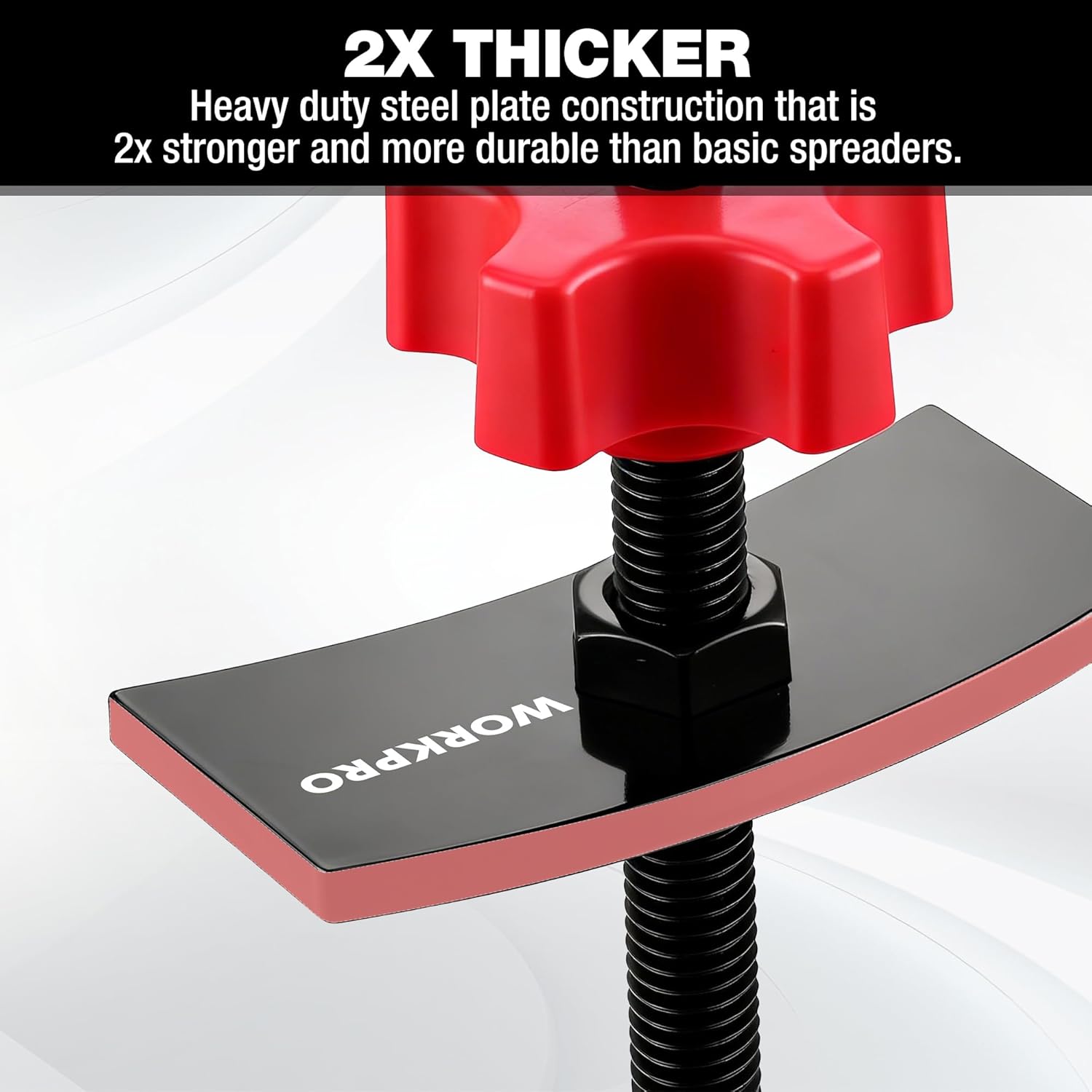 Heavy duty steel brake pad spreader with red top knob and thick black compression plate