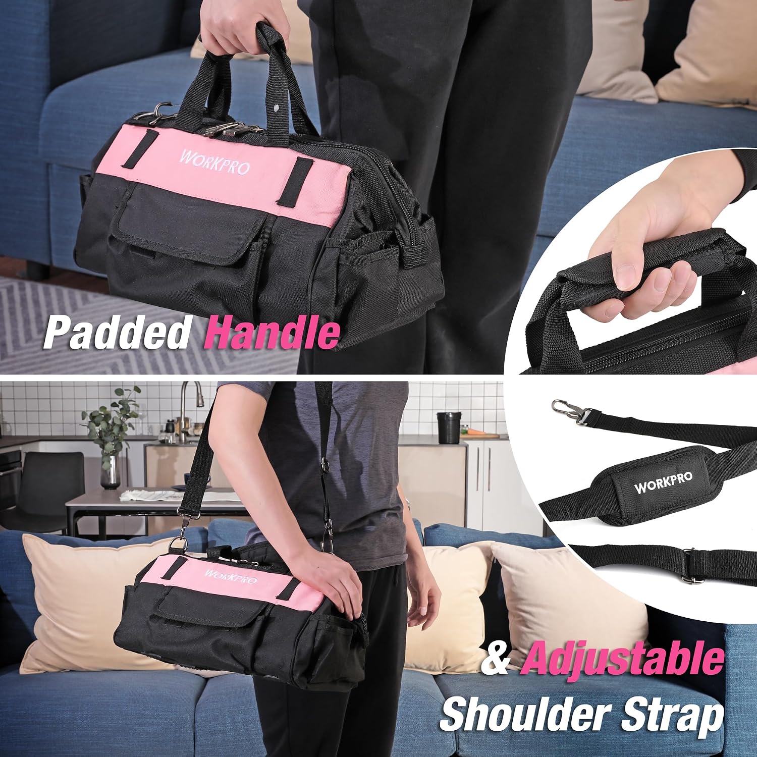 Pink and black tool bag with padded handle and adjustable shoulder strap