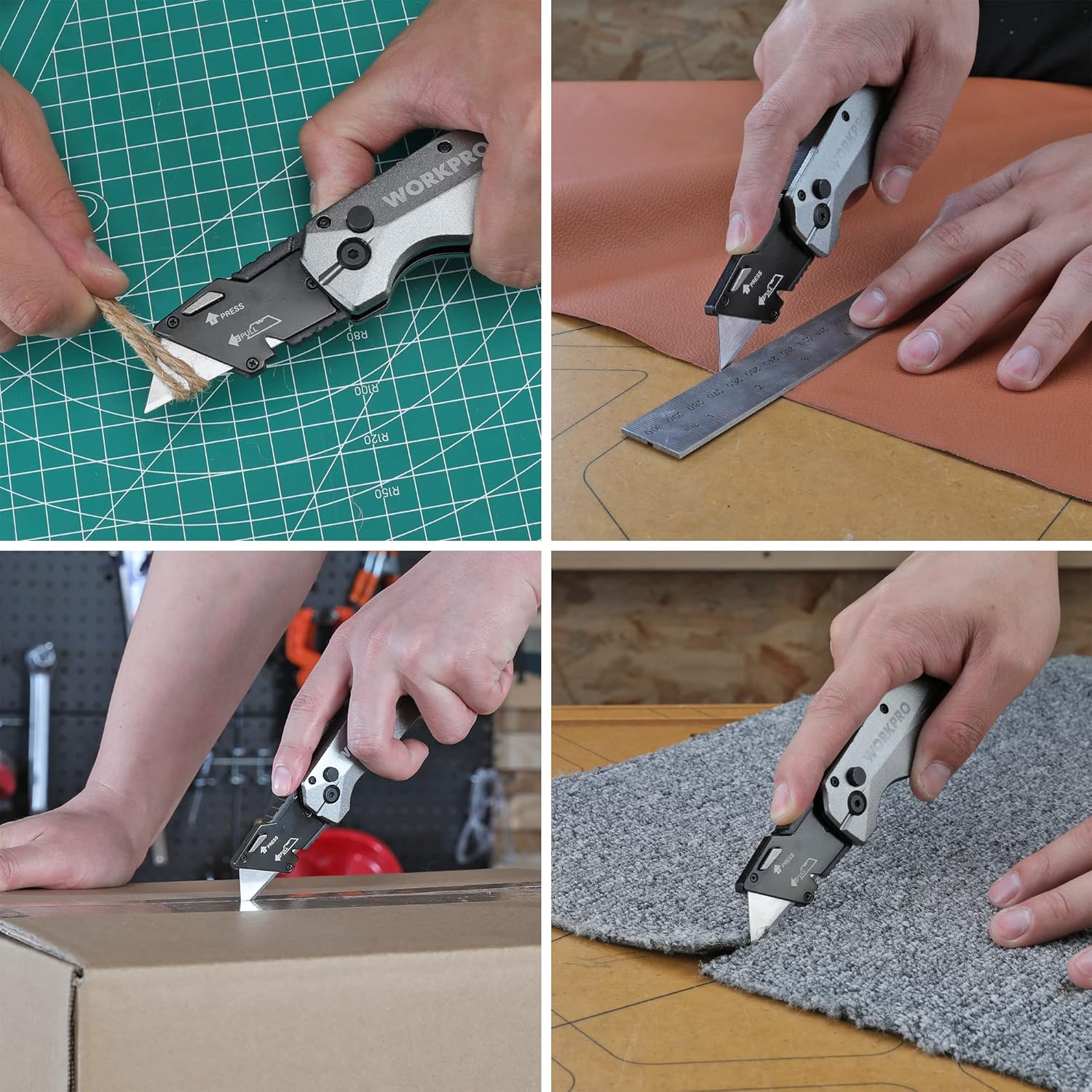 WORKPRO folding utility knife in use cutting cardboard and fabric surfaces