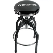 Adjustable hydraulic shop stool with black round seat and chrome footrest ring
