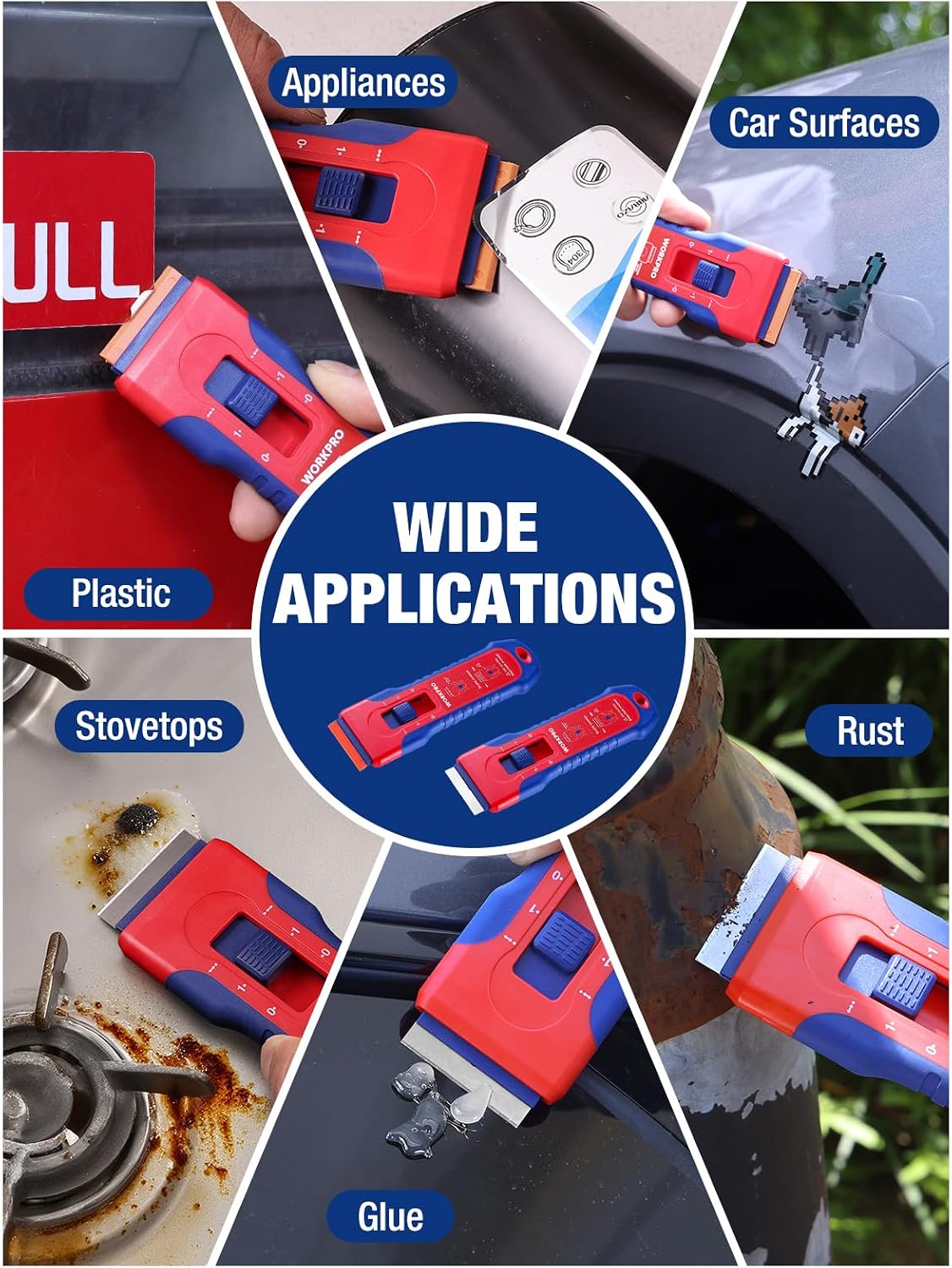 Retractable razor scraper with blades for wide cleaning tasks, red and blue plastic handle