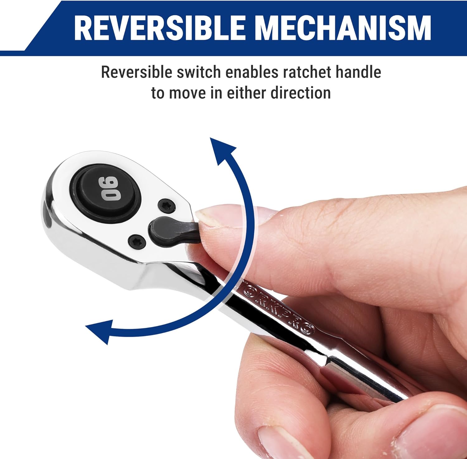 Reversible 1/4 in ratchet wrench with switch for changing ratcheting direction.
