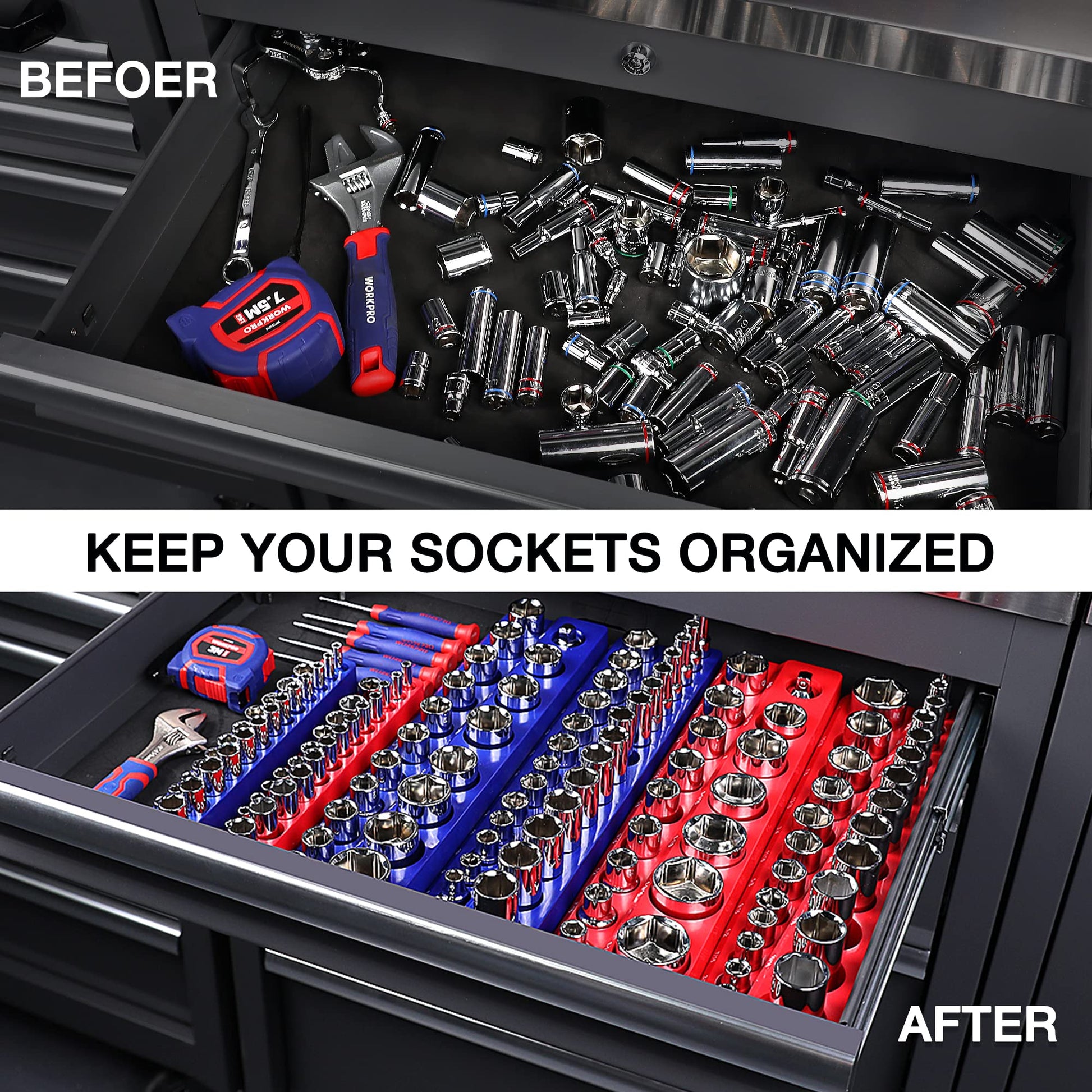 Magnetic socket organizer set with sockets arranged in a tool drawer