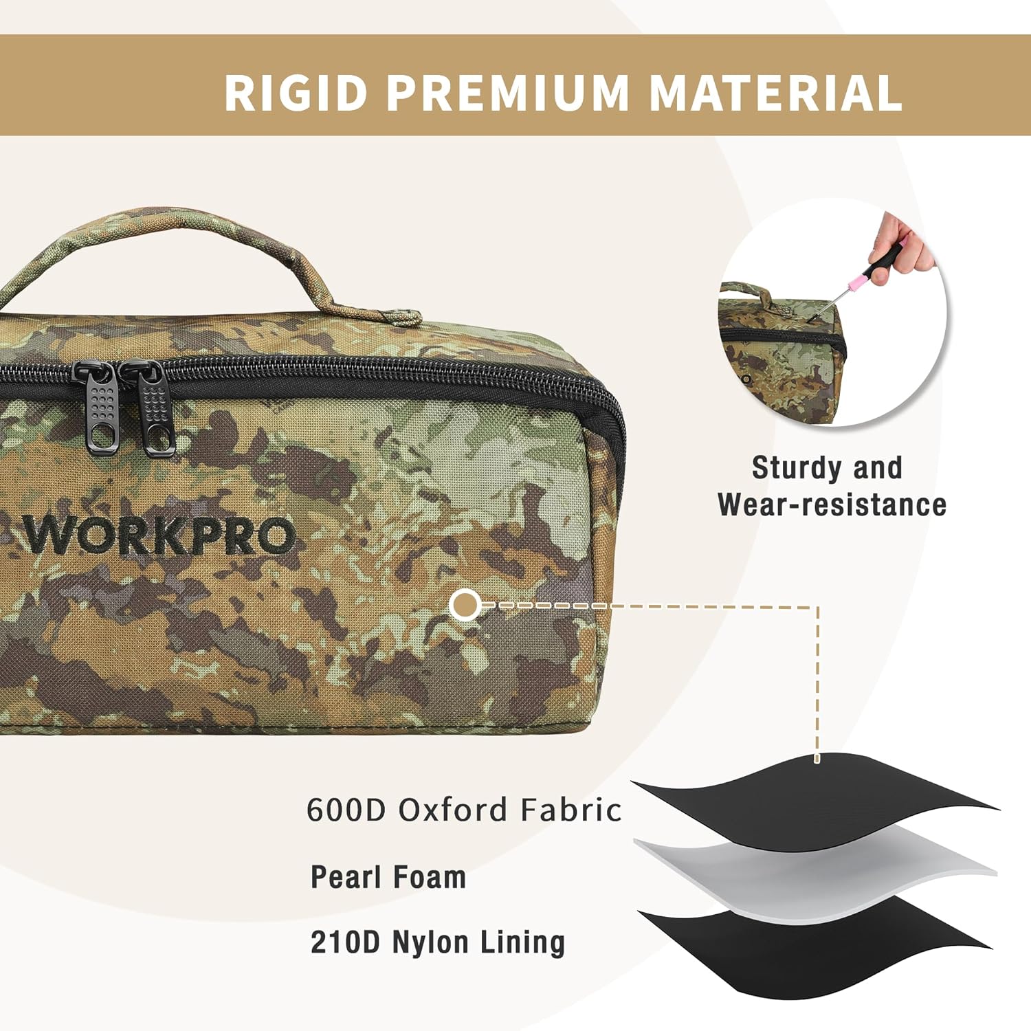 Camouflage tool bag with sturdy handle and front wide zipper; rigid premium material