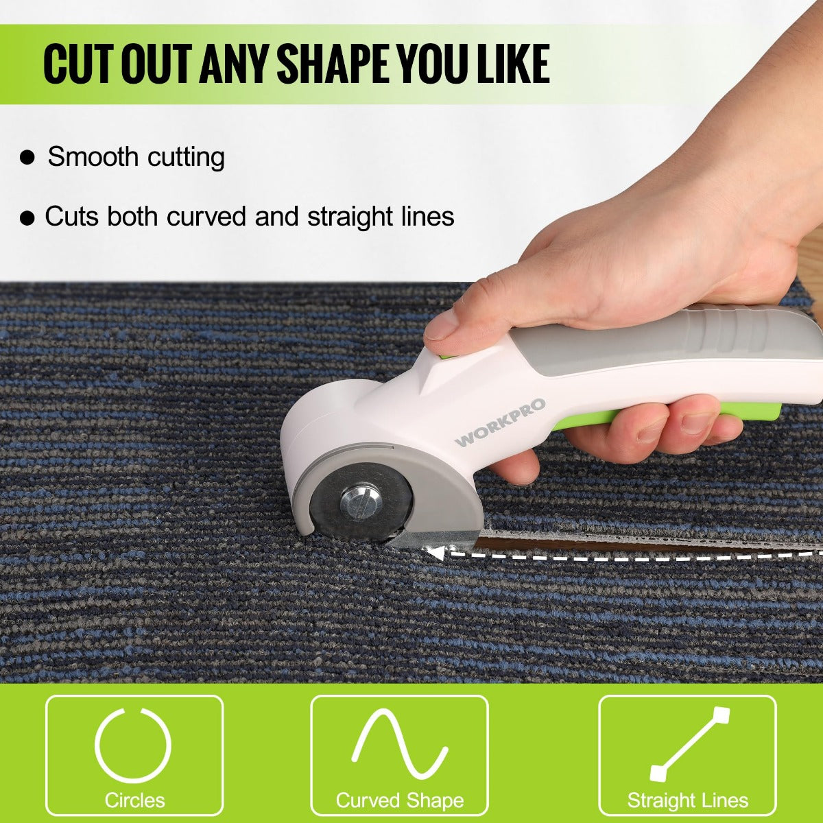 Handheld cordless electric scissors cutting fabric, white and green design