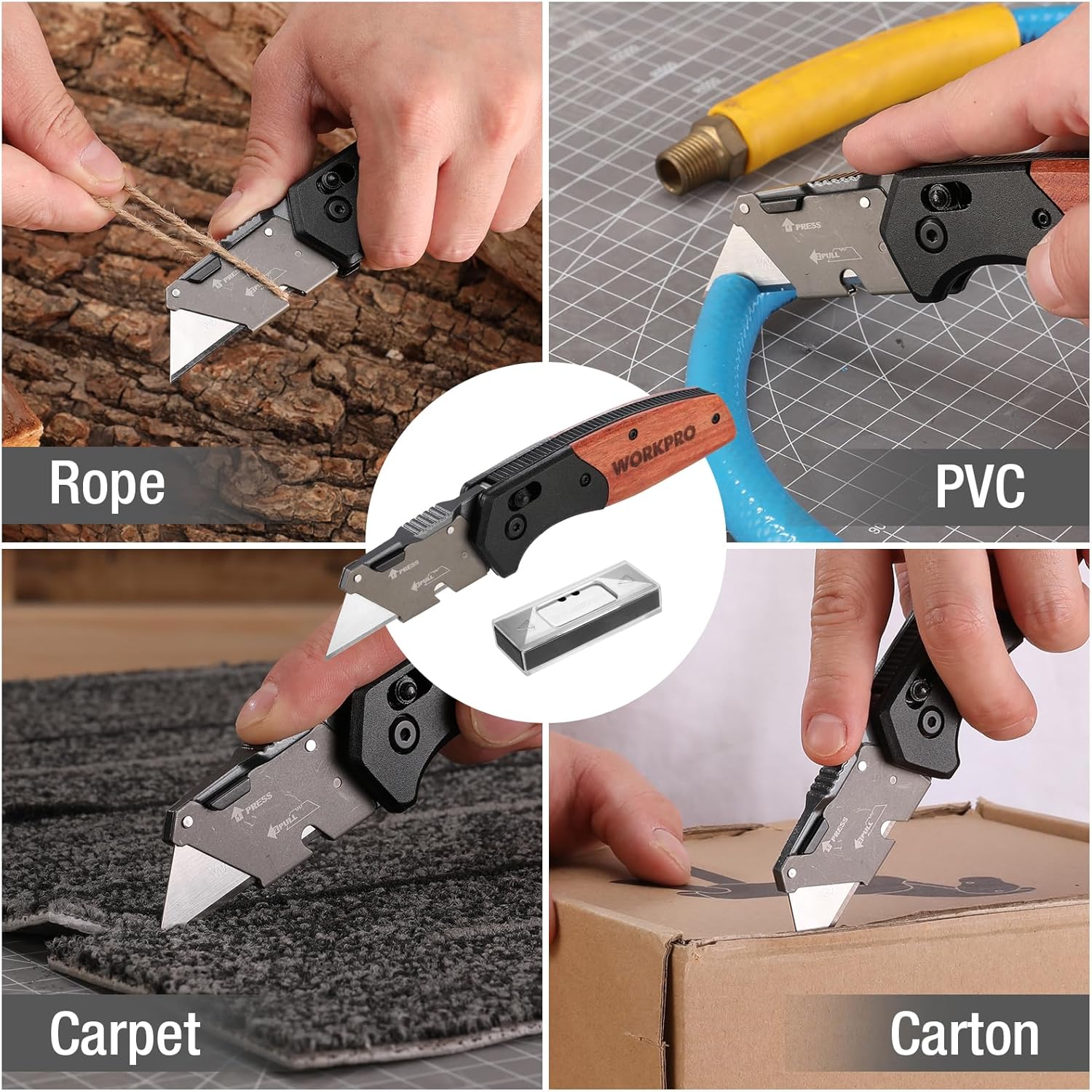 Folding utility knife with wood handle, multi-purpose blade for rope and packaging