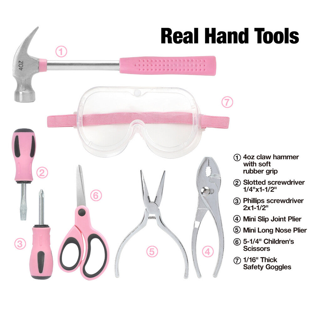 WORKPRO Kid Tools Kit 23 Pcs Pink with Bag, innovation quality durable secure tools and safety goggles