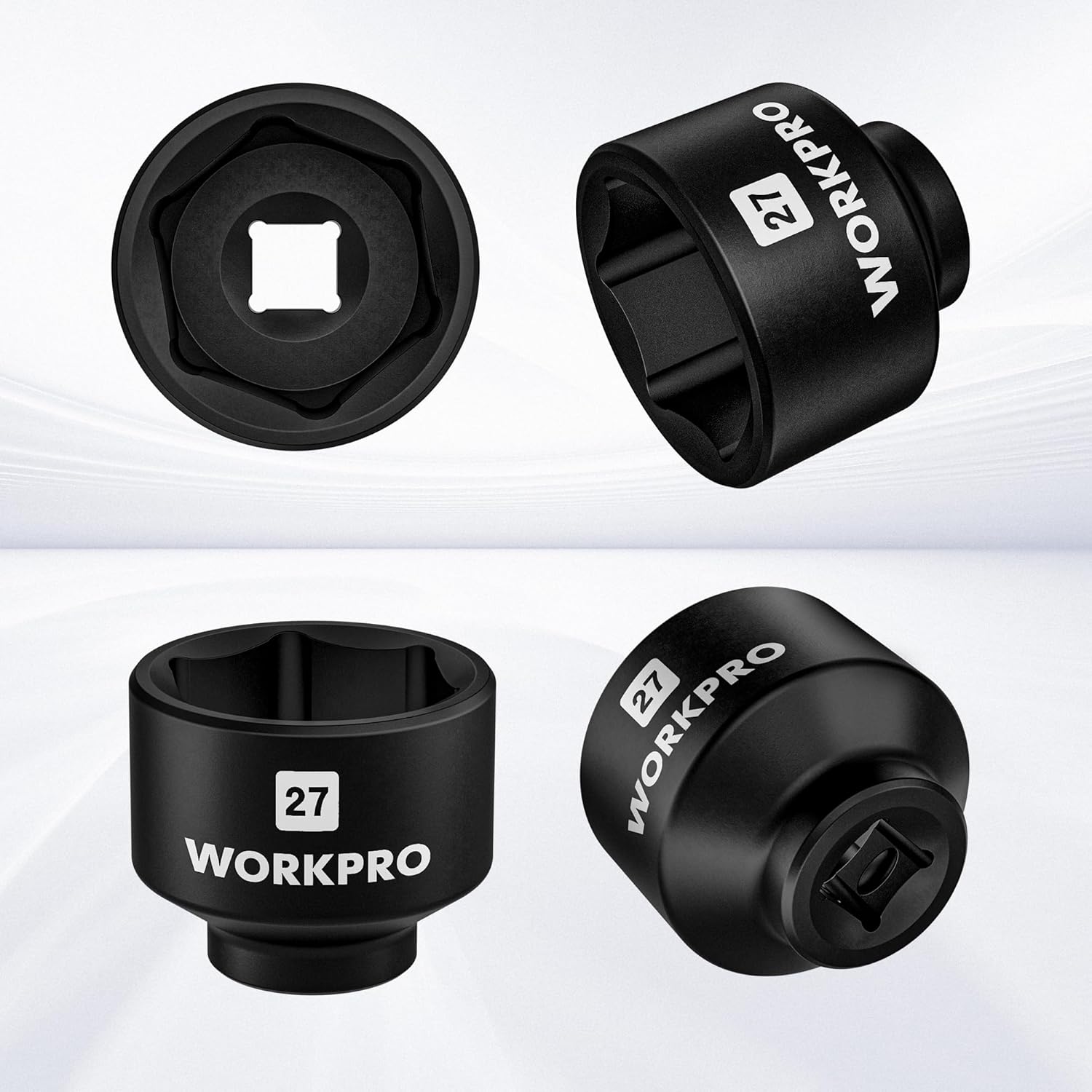 Four views of black 27mm oil filter socket wrench with 3/8 in drive