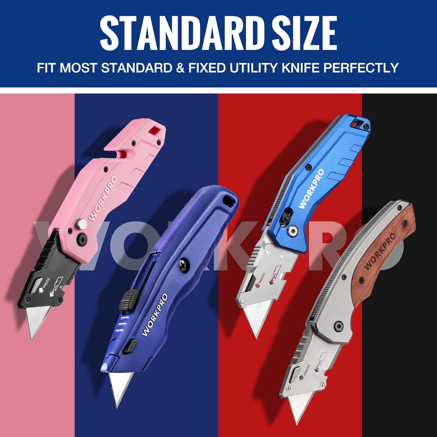 Standard-size utility knife blades shown with compatible utility knives