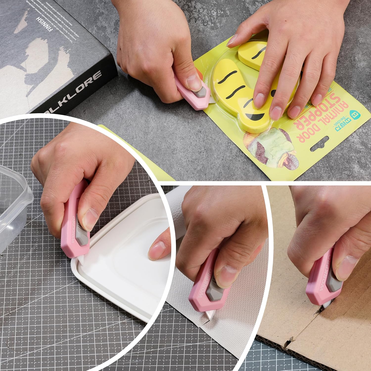 Pink retractable cutter used on a cutting mat to trim paper and fabric