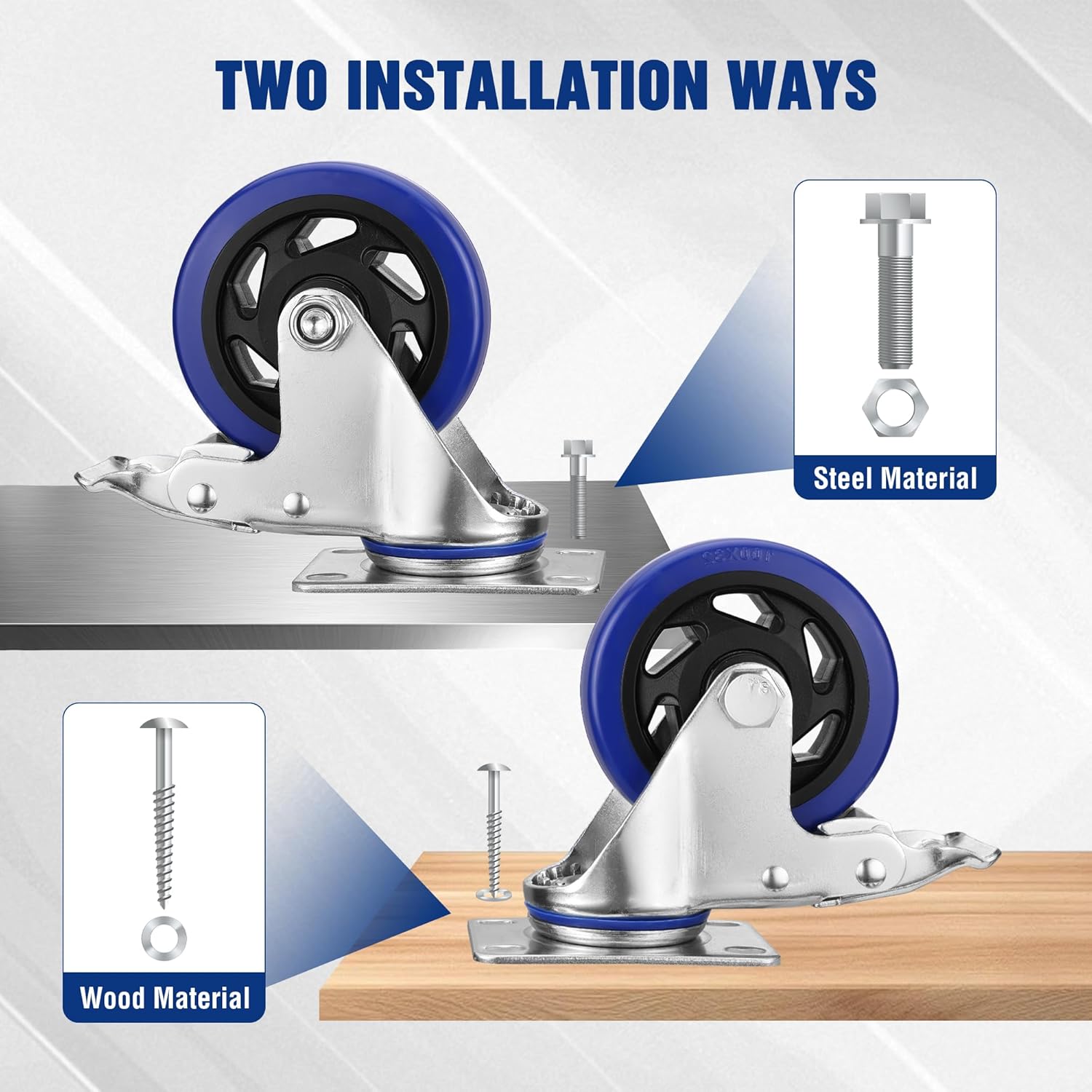 Swivel caster with brake, blue PU wheel, installs with bolts on wood or steel