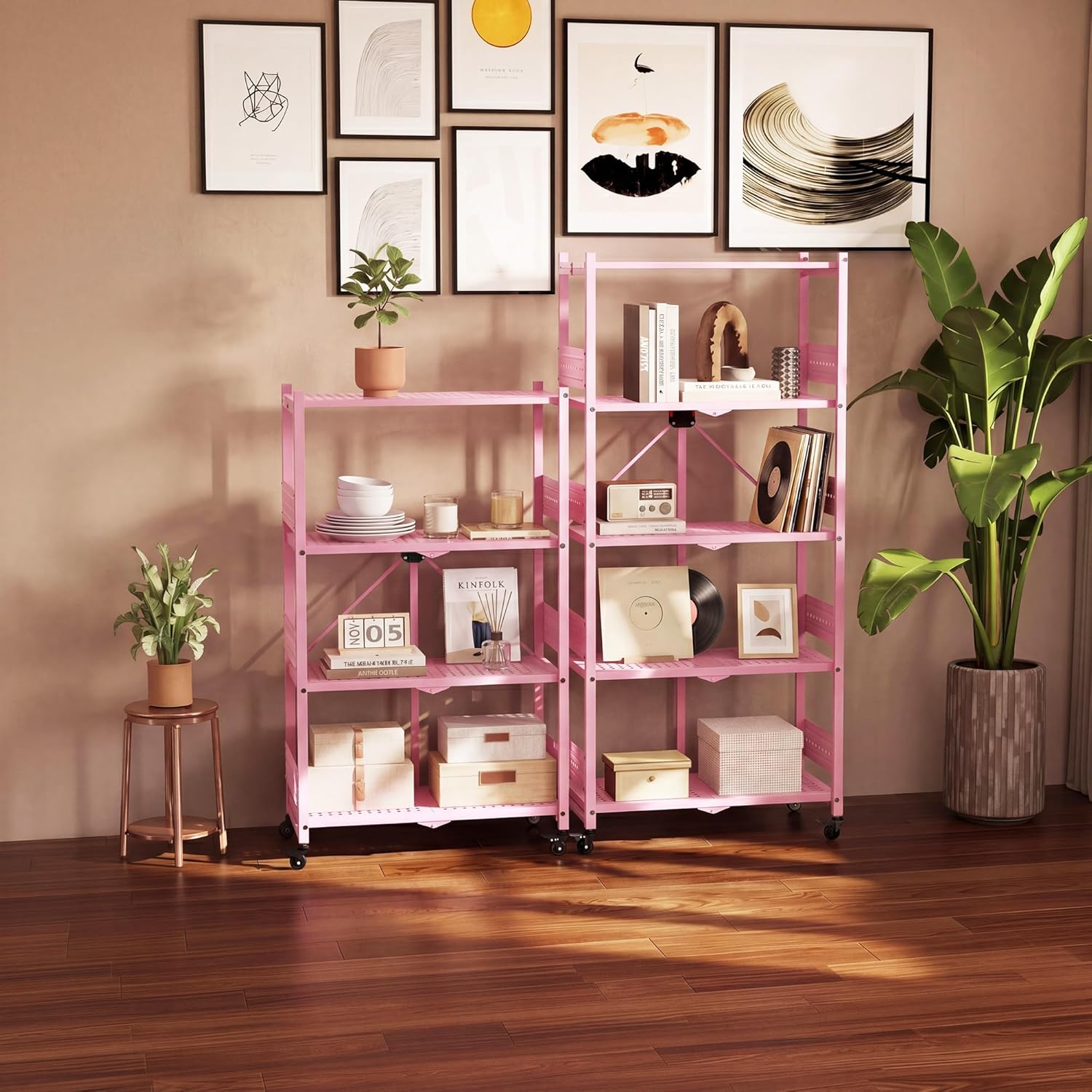 Pink 5-tier folding storage rack with wheels, open shelves for pantry or closet use