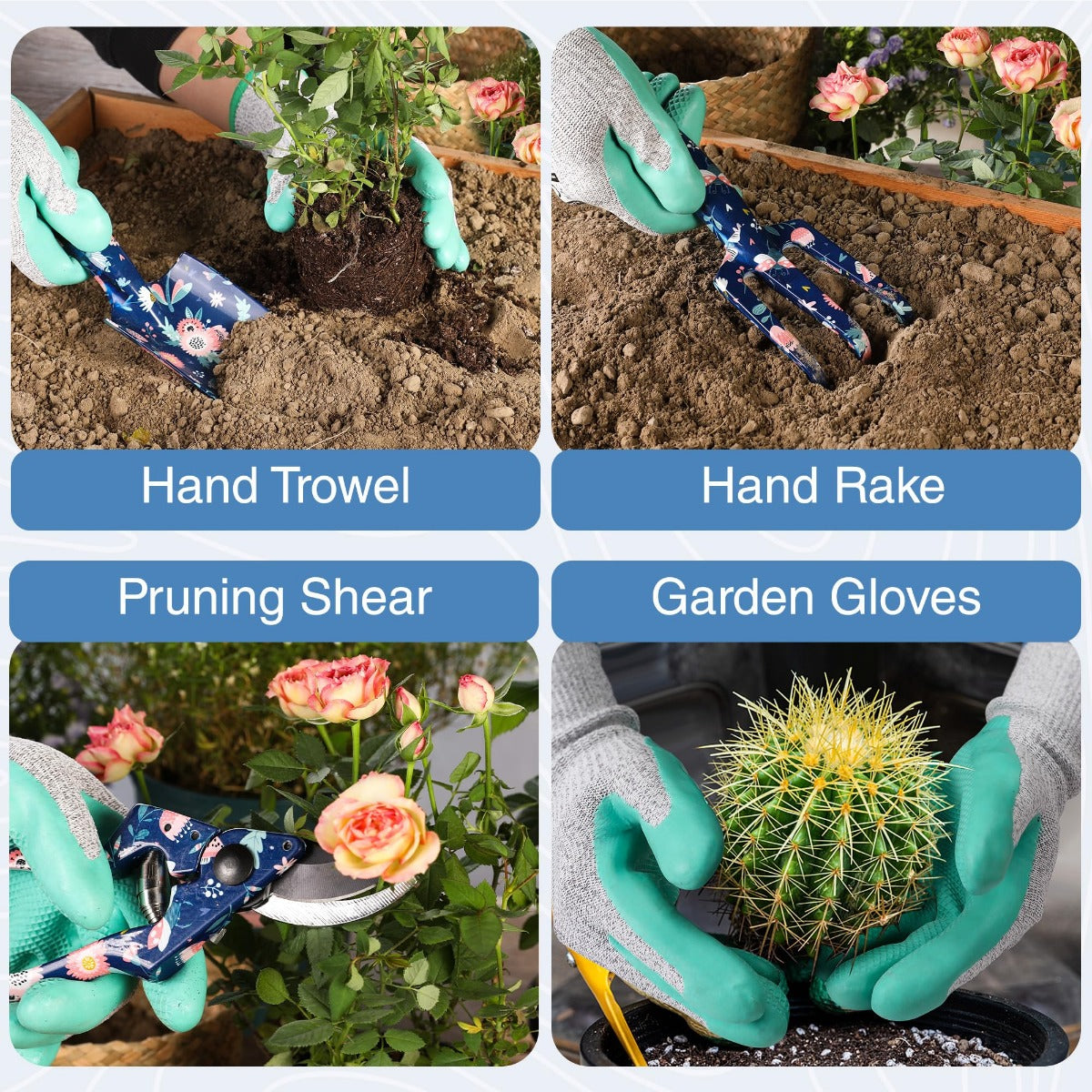 Garden tool set with mint gloves and blue floral trowel, rake, and pruning shears