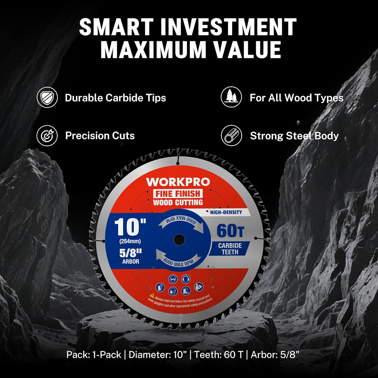 10-inch circular saw blade with 60T carbide teeth, 5/8 in arbor (1-pack) 