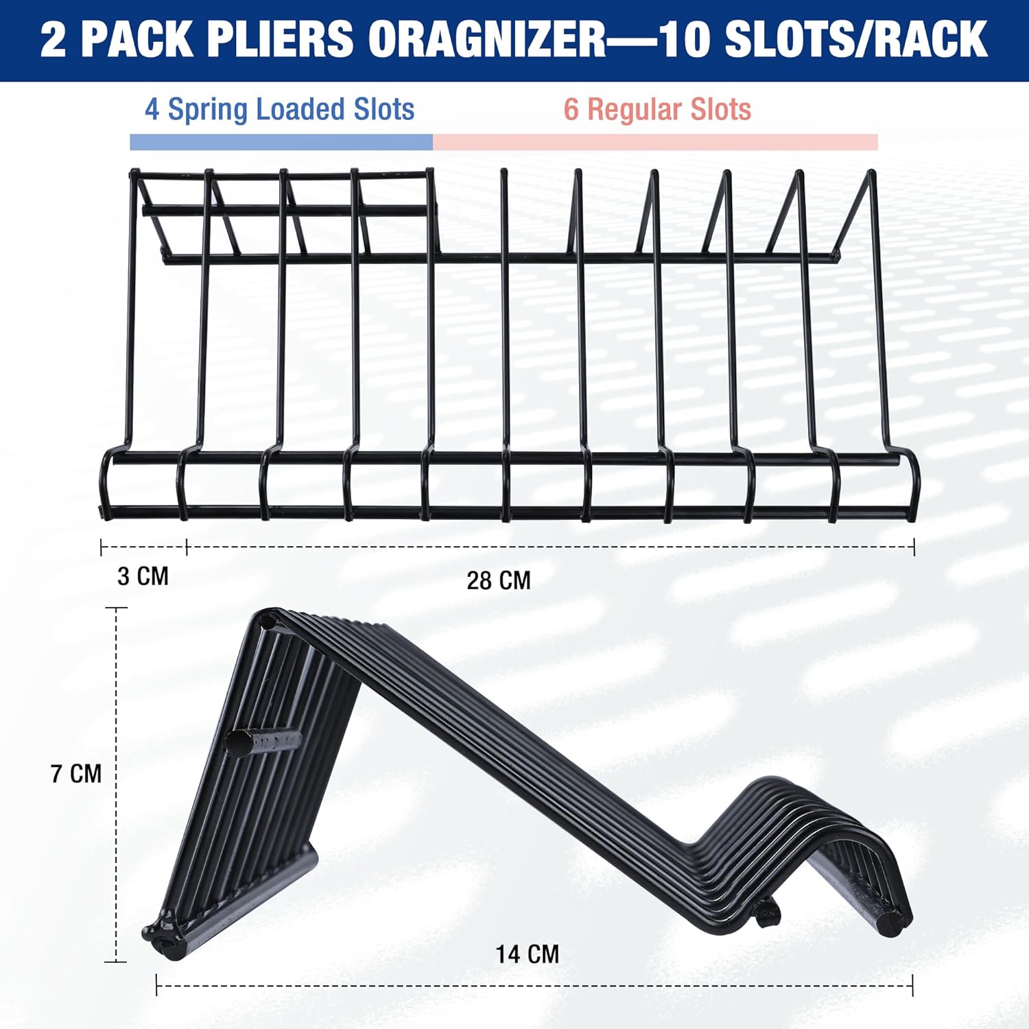 Two-pack pliers organizer racks with 10 slots each, black metal holder stand