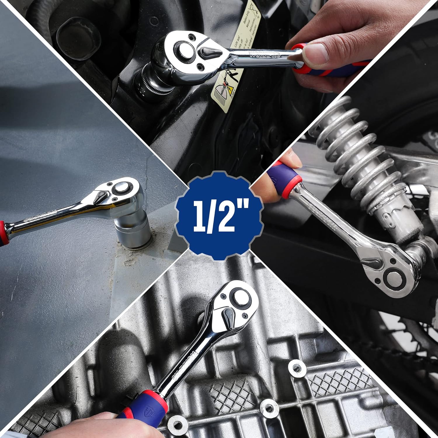 1/2 drive ratchet wrench with chrome head and blue/red grip, tightening fasteners.