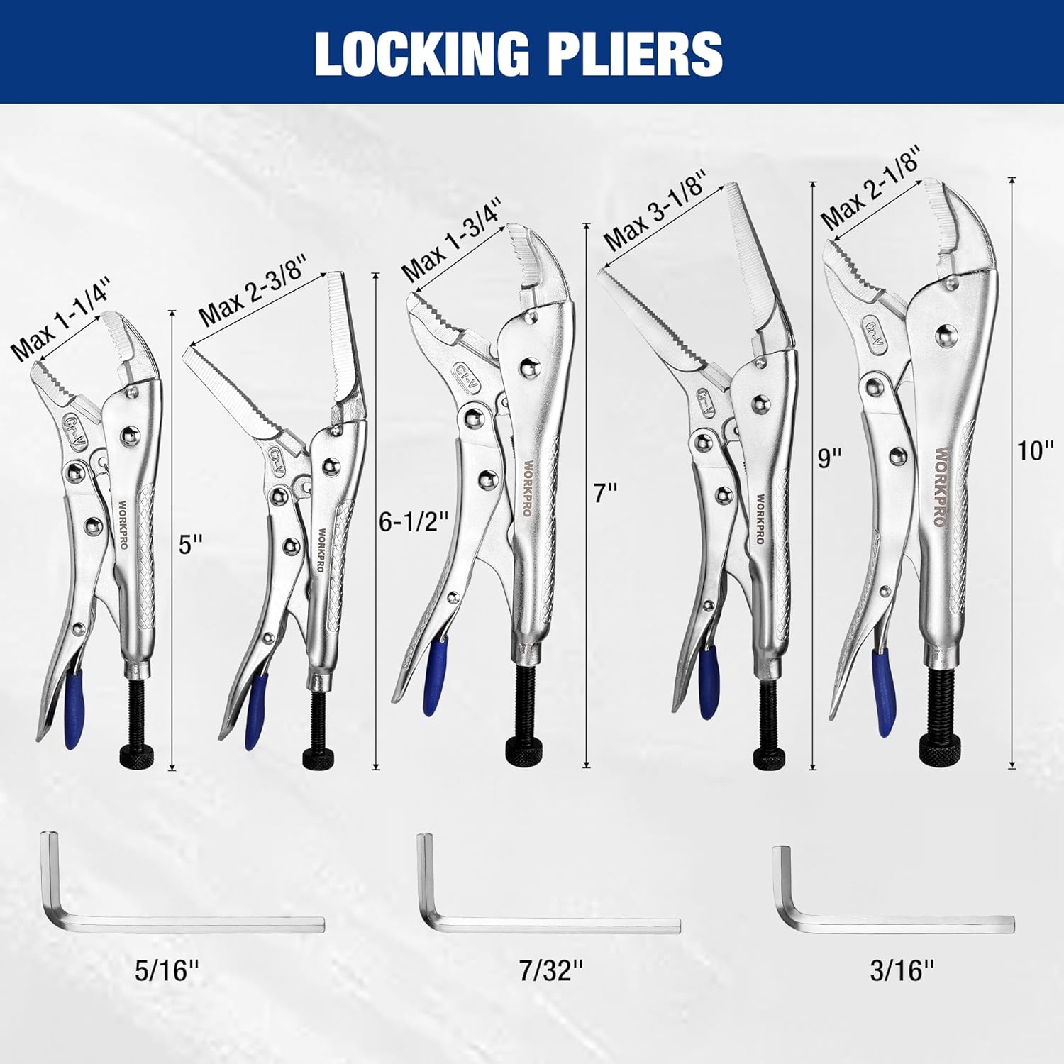 Set of locking pliers with curved and long-nose jaws, blue handles, adjustable screw bases.