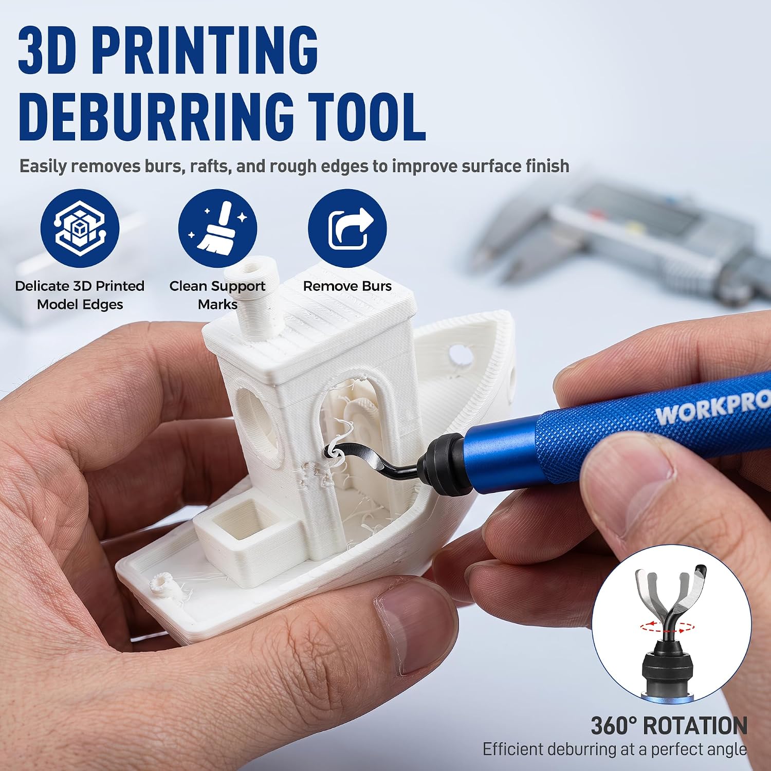 3D printing deburring tool in blue grip with 360° rotating head
