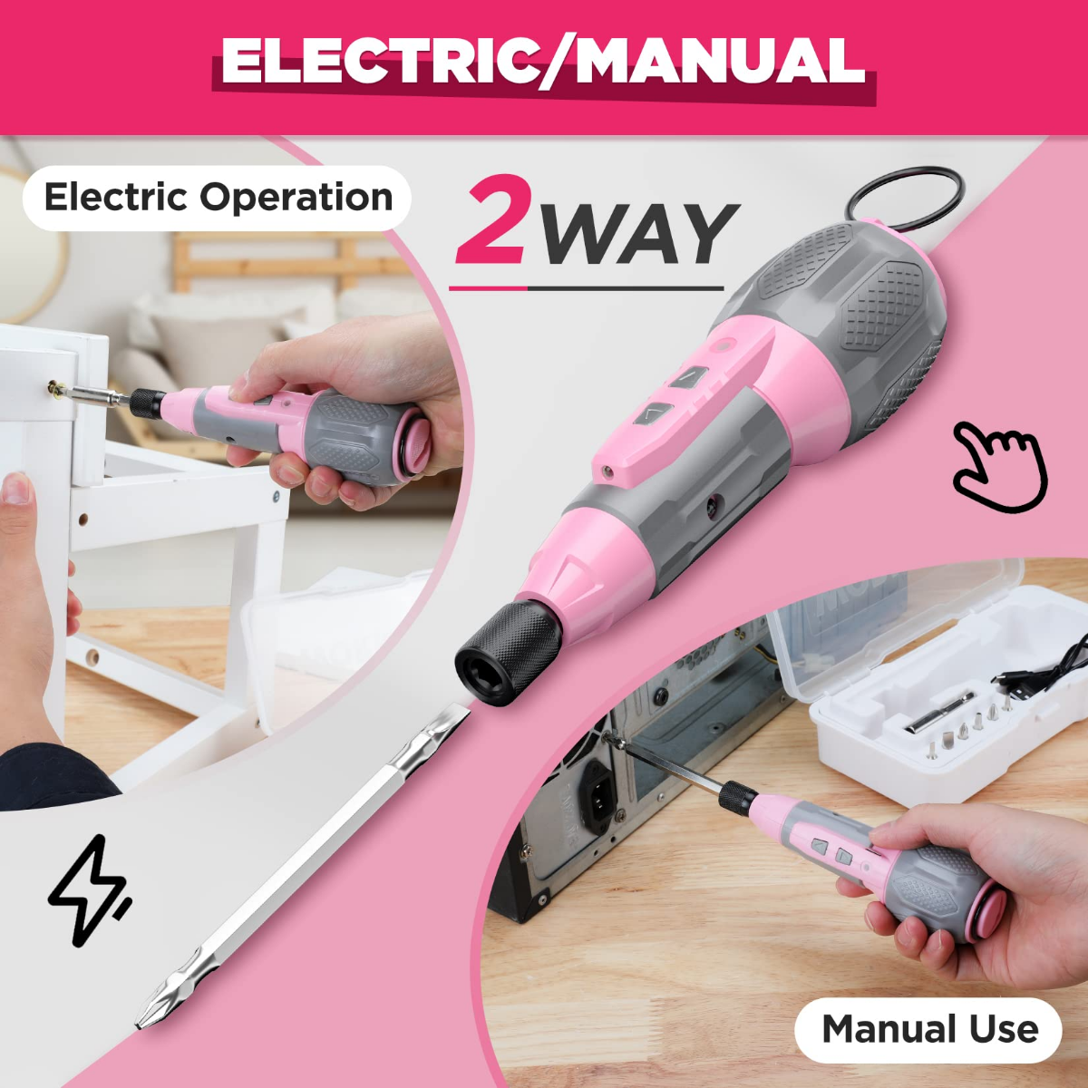 Pink cordless screwdriver showing electric and manual use with included bits