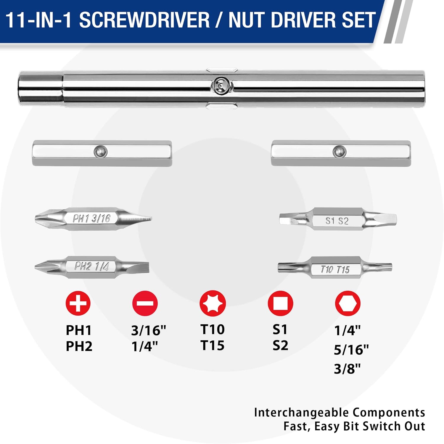 Screwdriver/nut driver set with blue bits and chrome handle body, interchangeable sizes shown