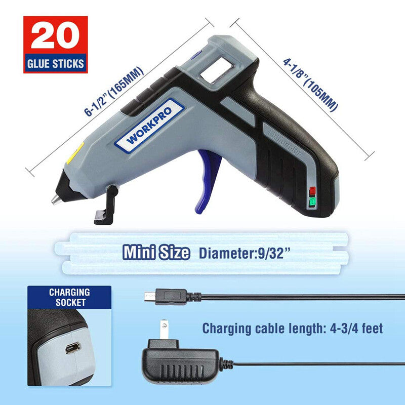 WORKPRO cordless hot glue gun with 20 mini glue sticks, innovation quality and durable lithium battery