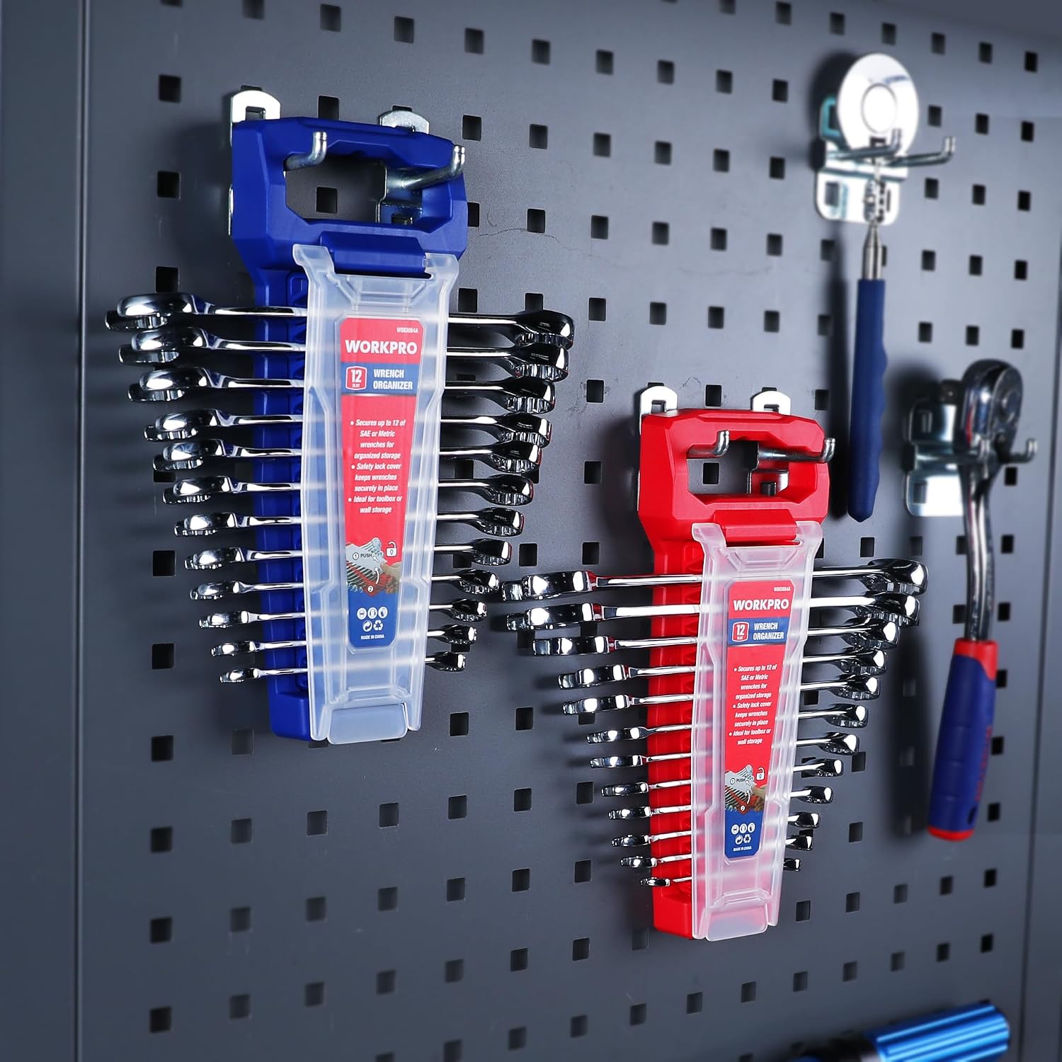 Wrench organizer set holding multiple chrome wrenches mounted on a pegboard