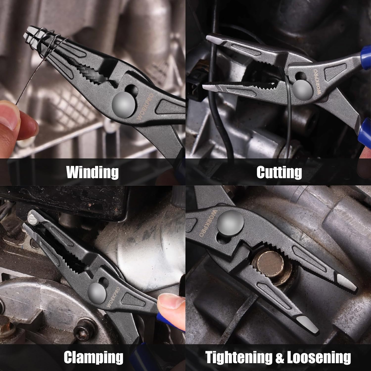Long nose slip joint pliers on metal parts, blue grips for clamping and tightening