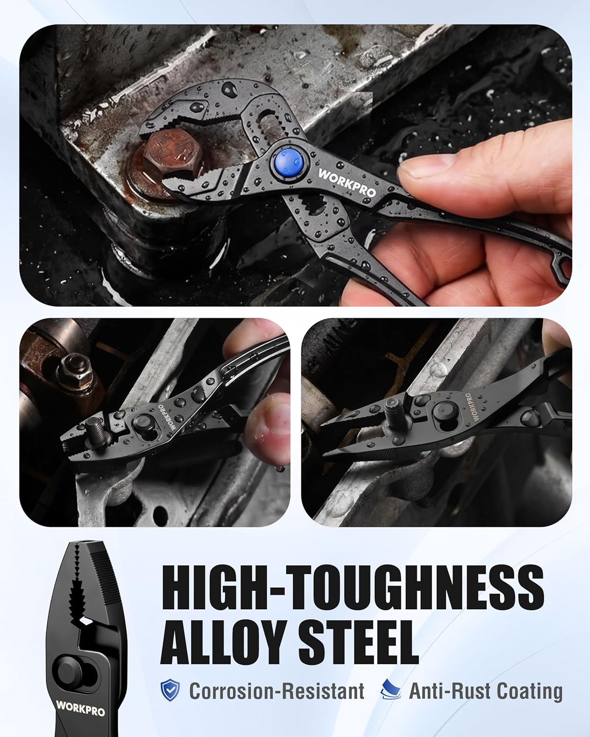 WORKPRO high-toughness alloy steel mini pliers with blue pivot and serrated jaws