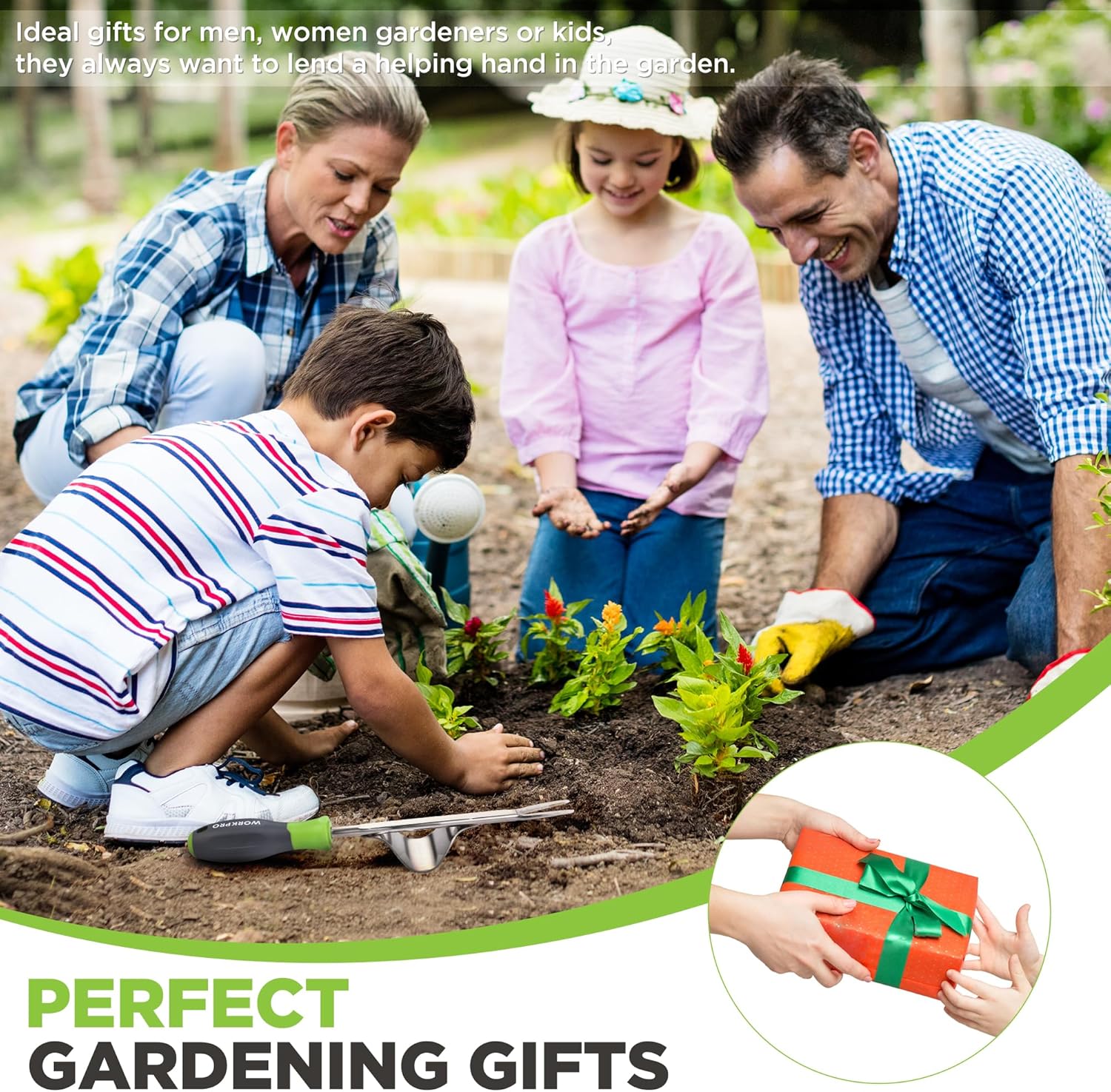 Manual hand weeder with green handle used while gardening in a family yard scene