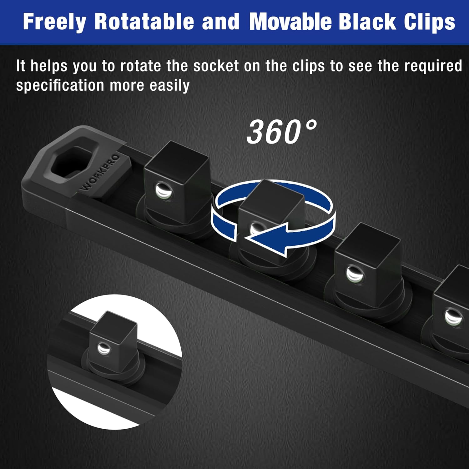 Black magnetic socket organizer rail with freely rotatable 360-degree clips