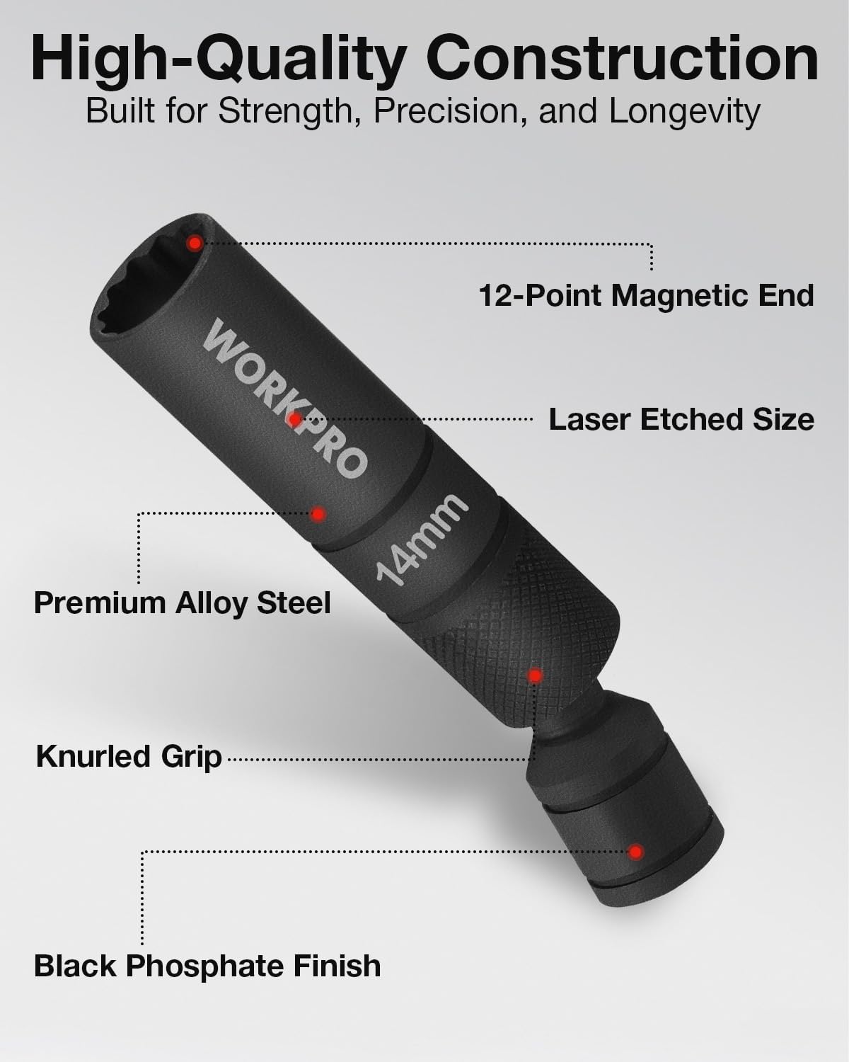 Black 14mm spark plug socket with knurled grip and 12-point magnetic end