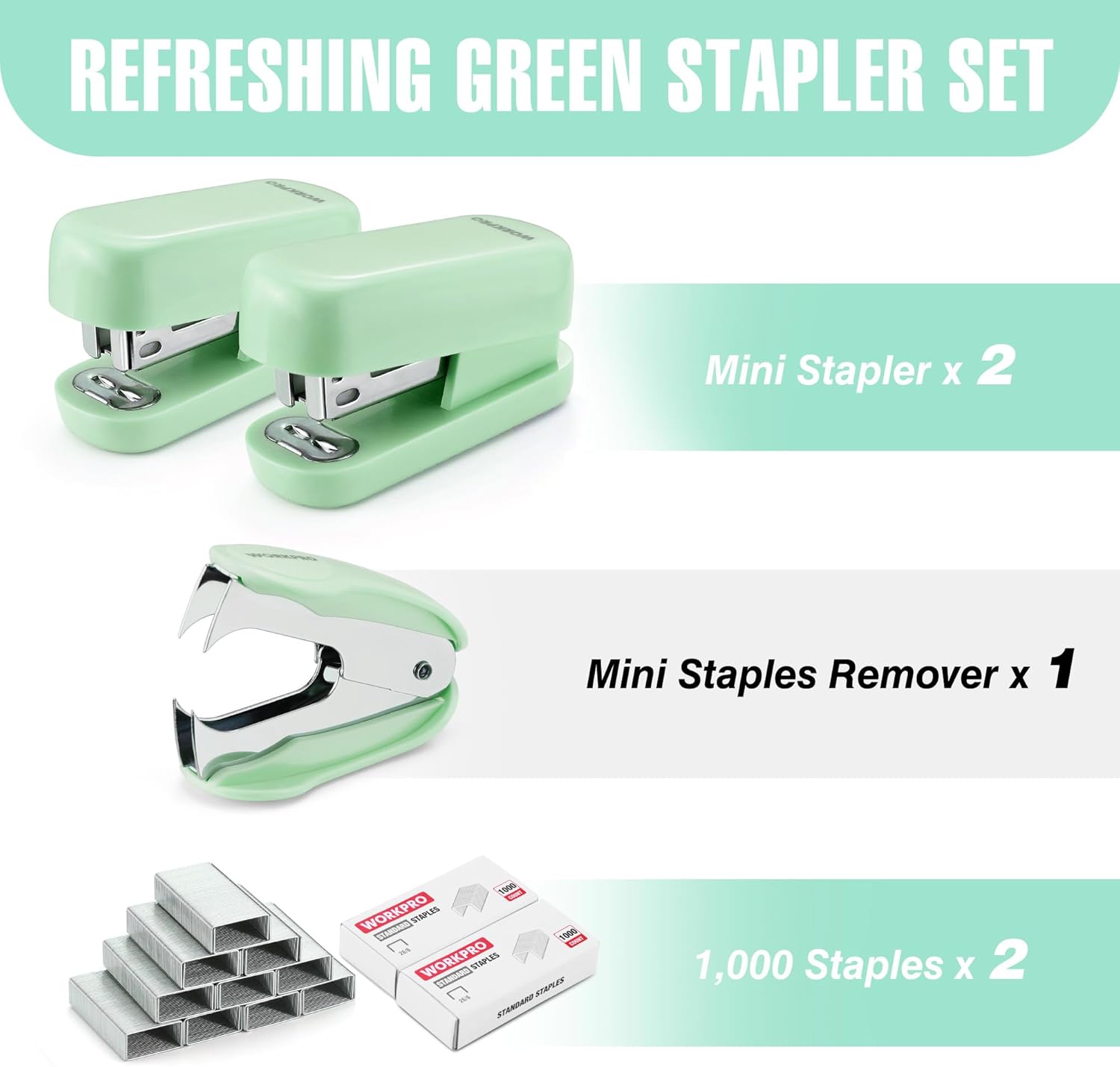 Refreshing green mini stapler set showing two mini staplers, staple remover, and staples
