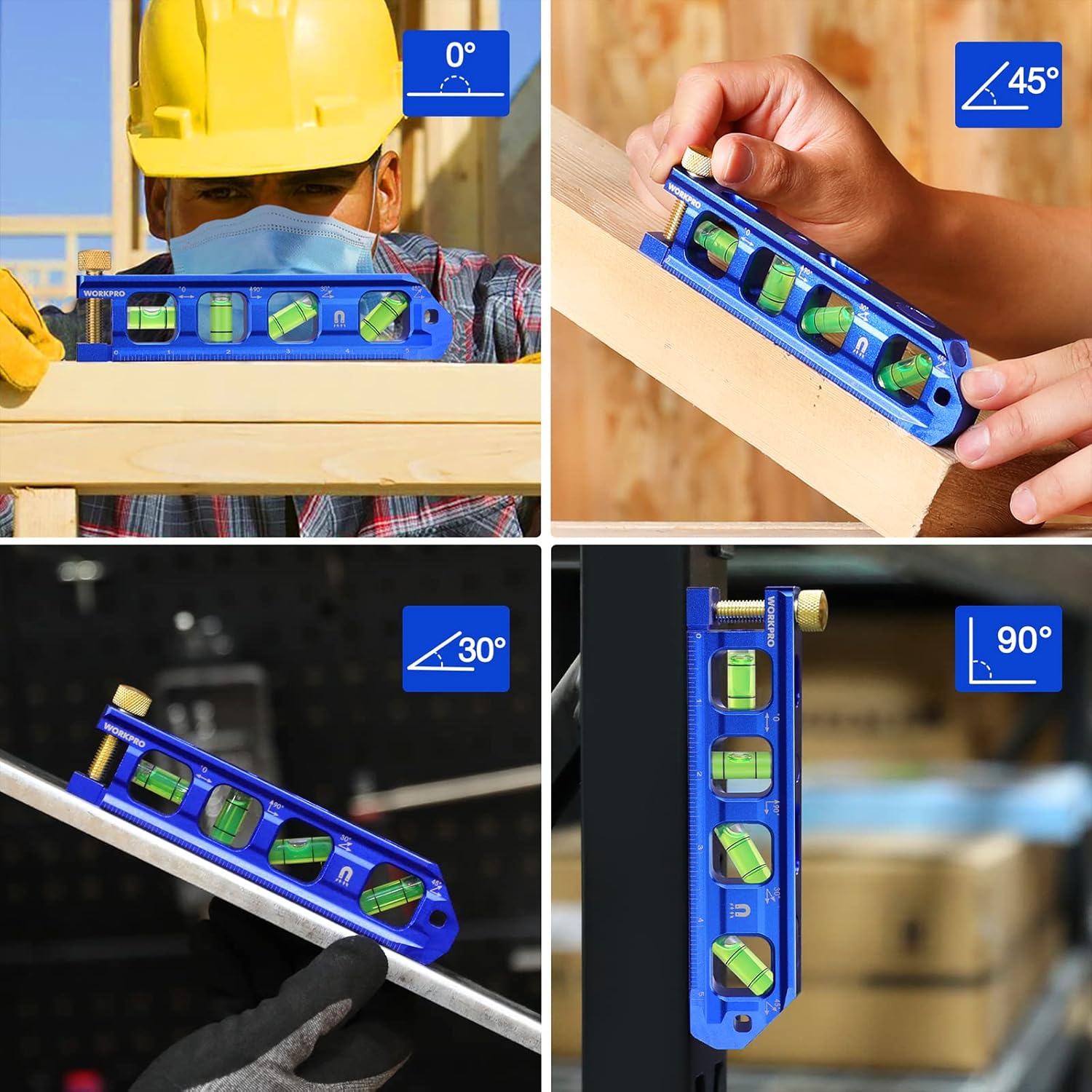 Cobalt blue magnetic torpedo level with four green bubble vials and 0°/90°/45°/30°
