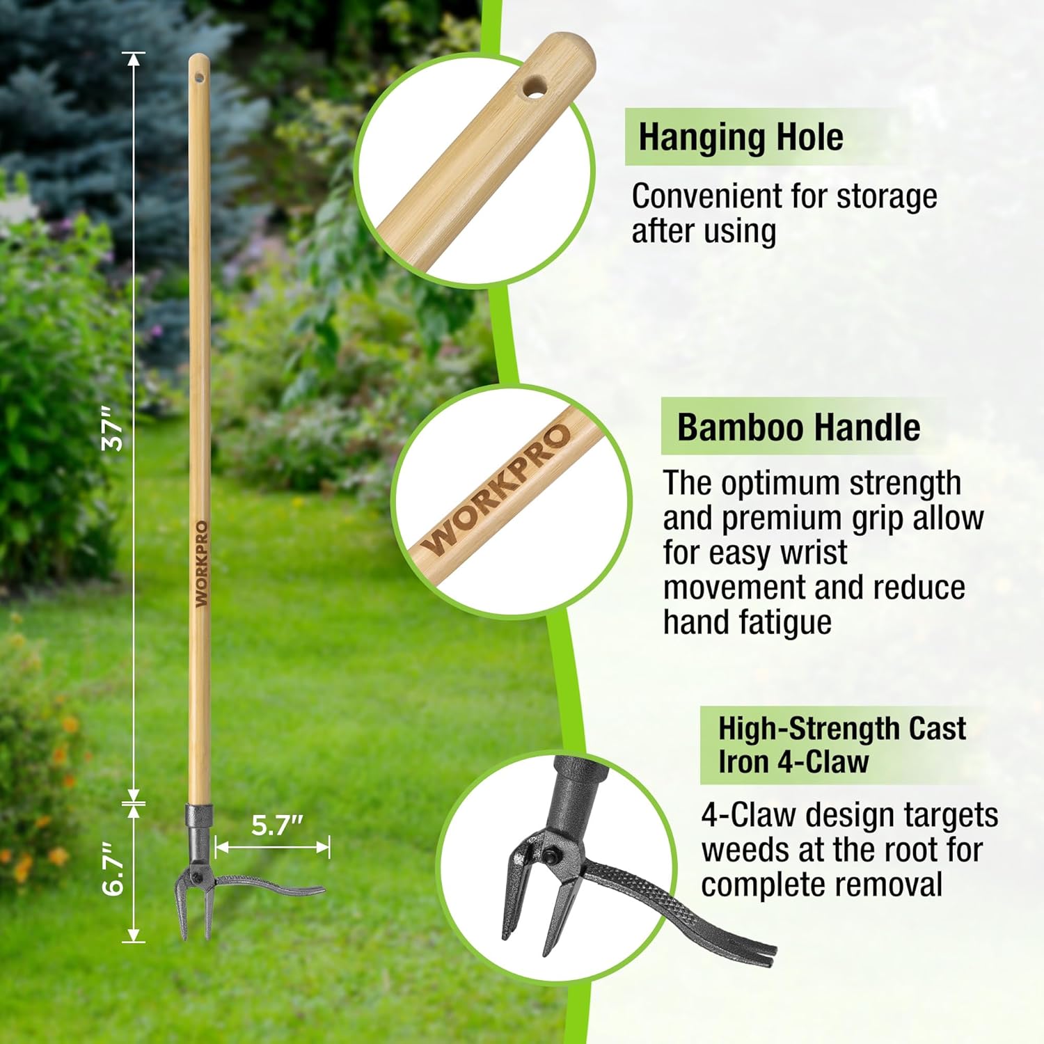 Stand-up weed puller tool with bamboo handle and four-claw cast iron head, foot pedal