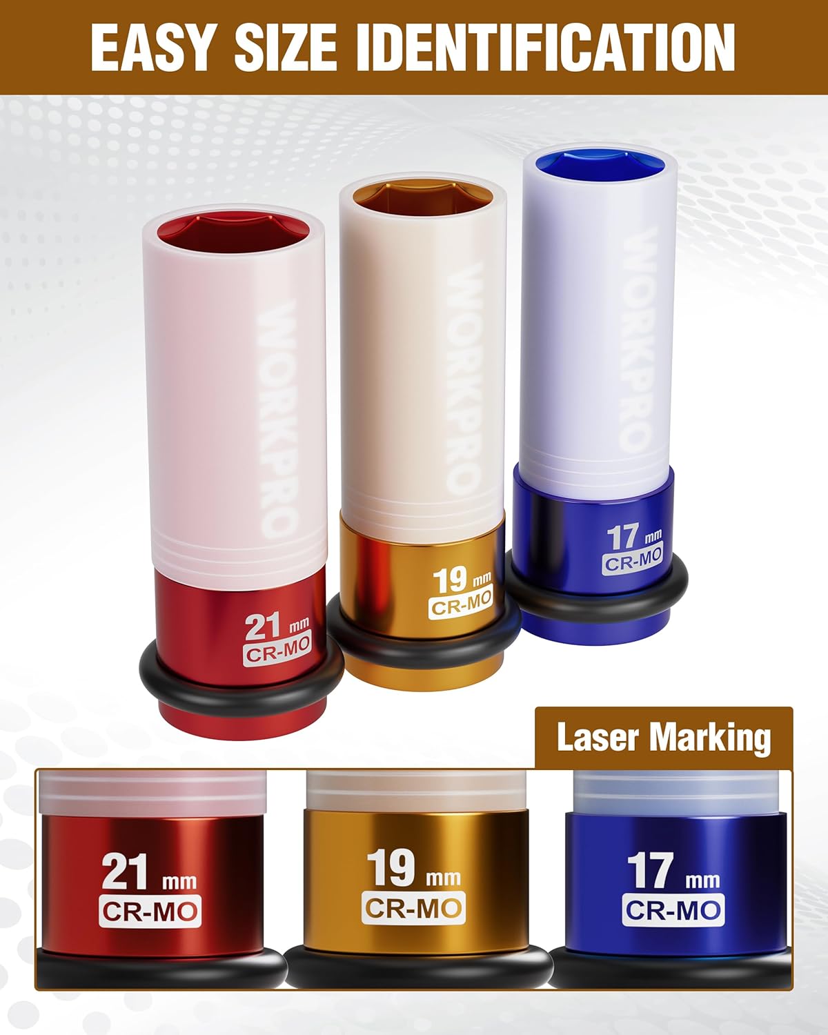 19mm lug nut impact socket with size-marked ring and protective sleeve