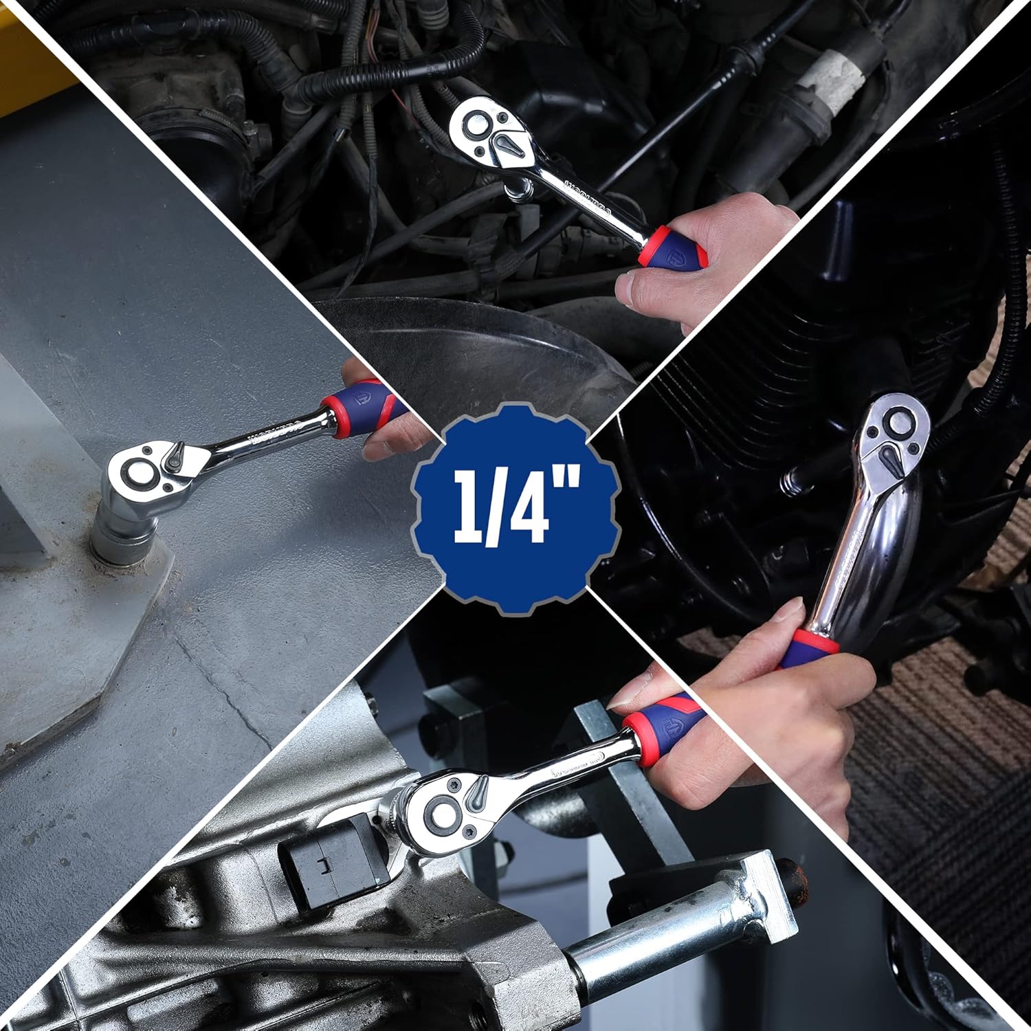 WORKPRO 1/4-inch ratchet wrench held in hand, chrome head with blue/red grip