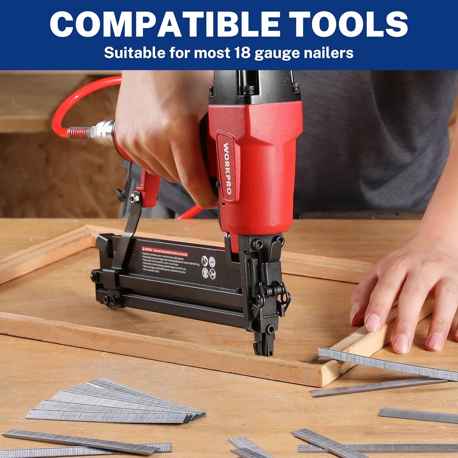 18-gauge compatible brad nails in strips shown on wood surfaces
