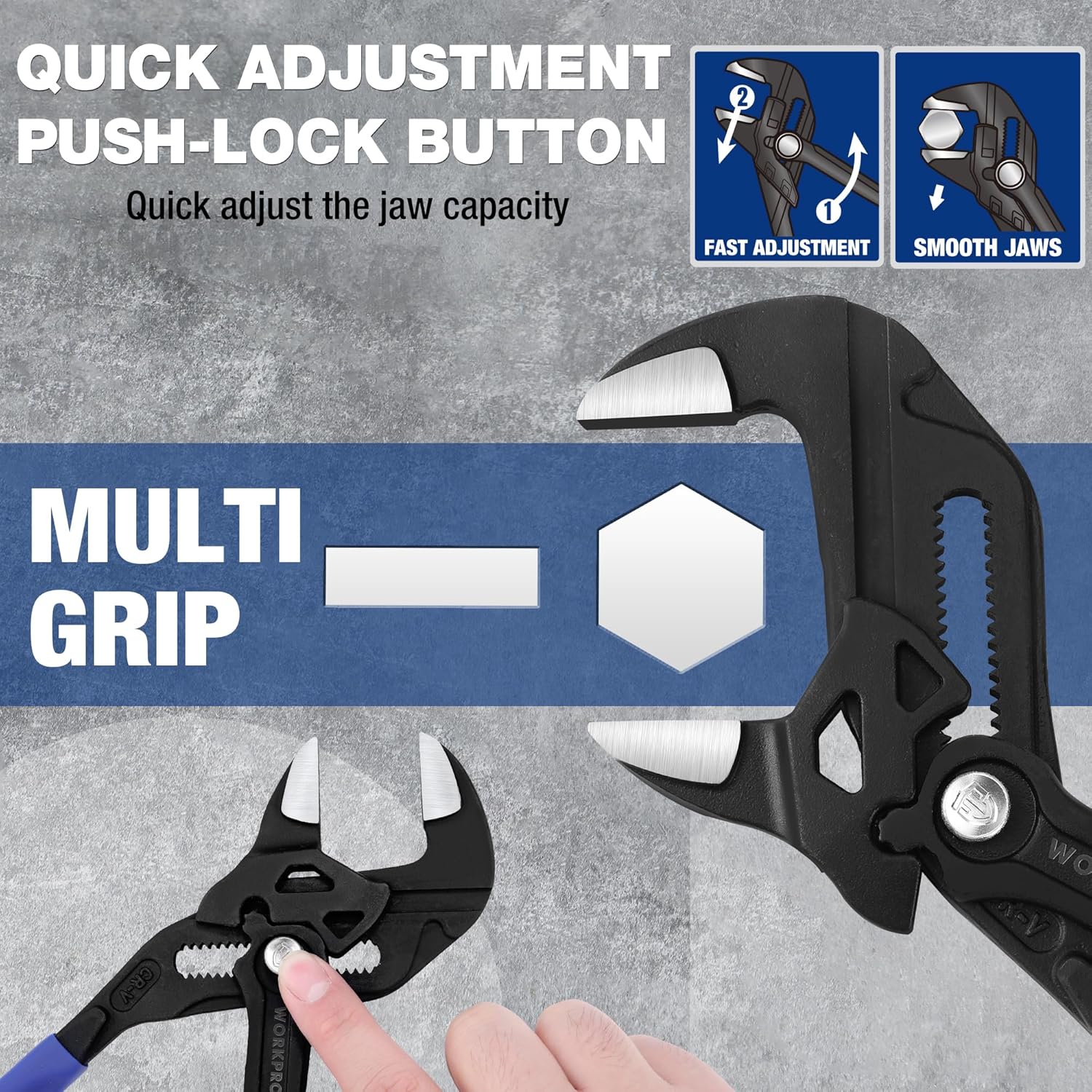 Black adjustable plier wrench set head with smooth jaws and blue comfort handles
