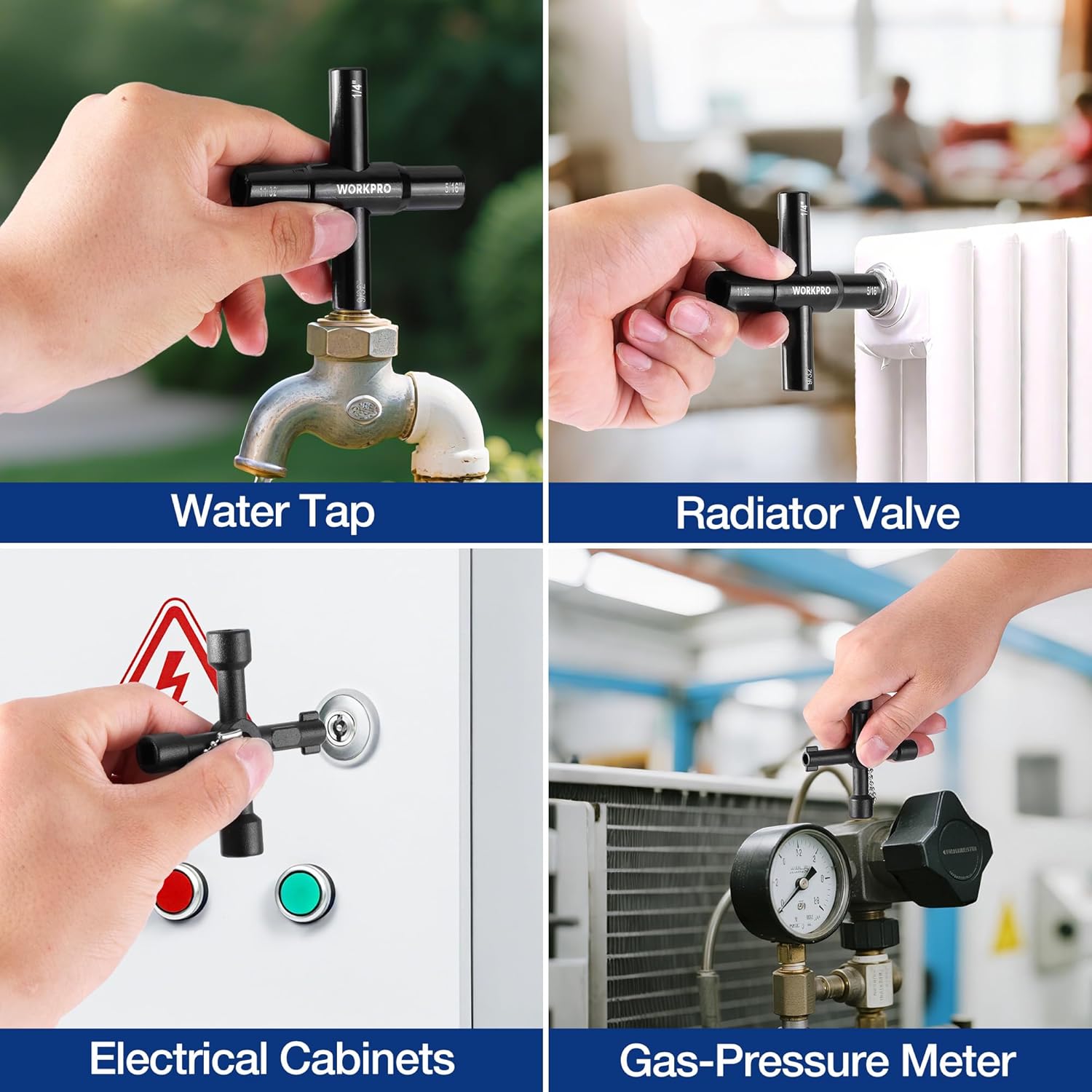 WORKPRO 4-way water key wrench in use on water tap, radiator valve, and cabinet