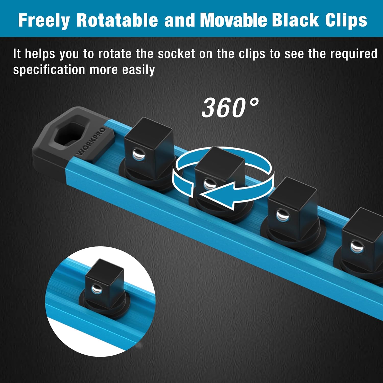 Sky blue socket organizer rail with rotatable black magnetic clips for easy socket positioning