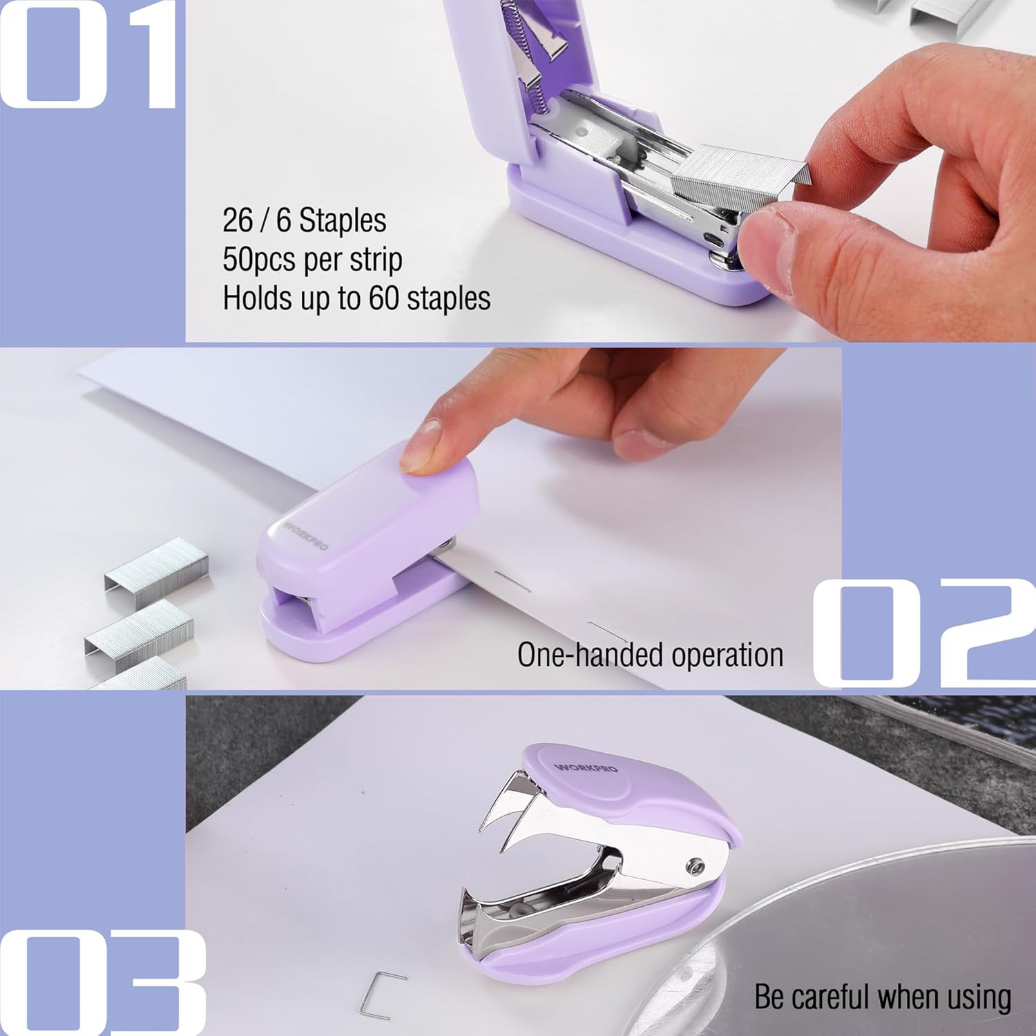 Purple mini stapler loading staples with one hand; staples and metal guide visible