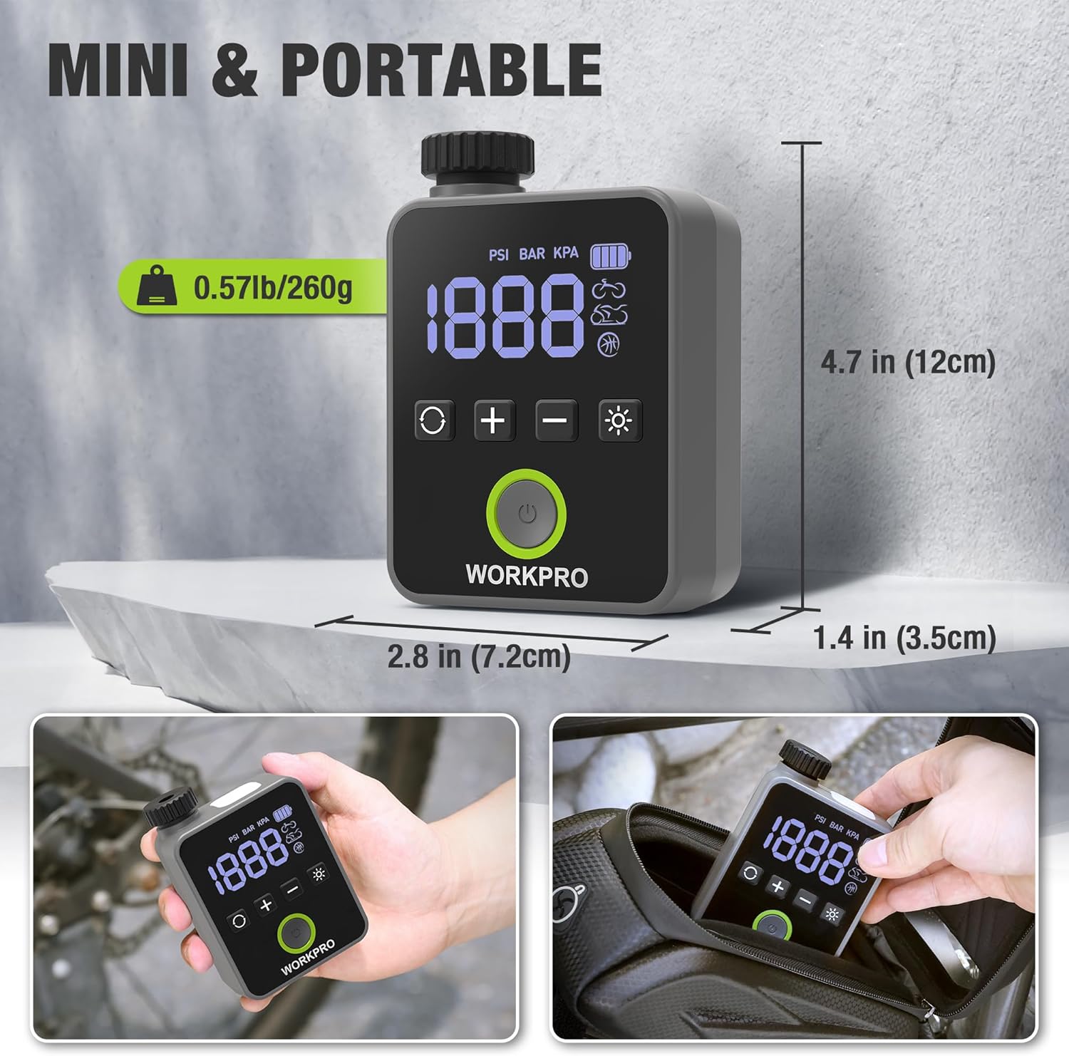 WORKPRO mini electric bike pump with digital PSI/BAR/KPA display, compact black body