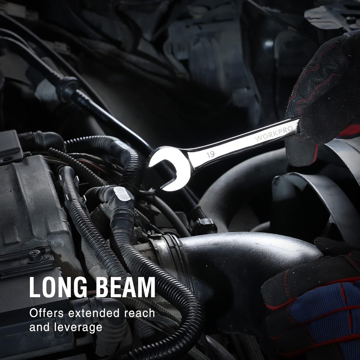 Long-beam combination wrench with open end and box end for better access around parts.