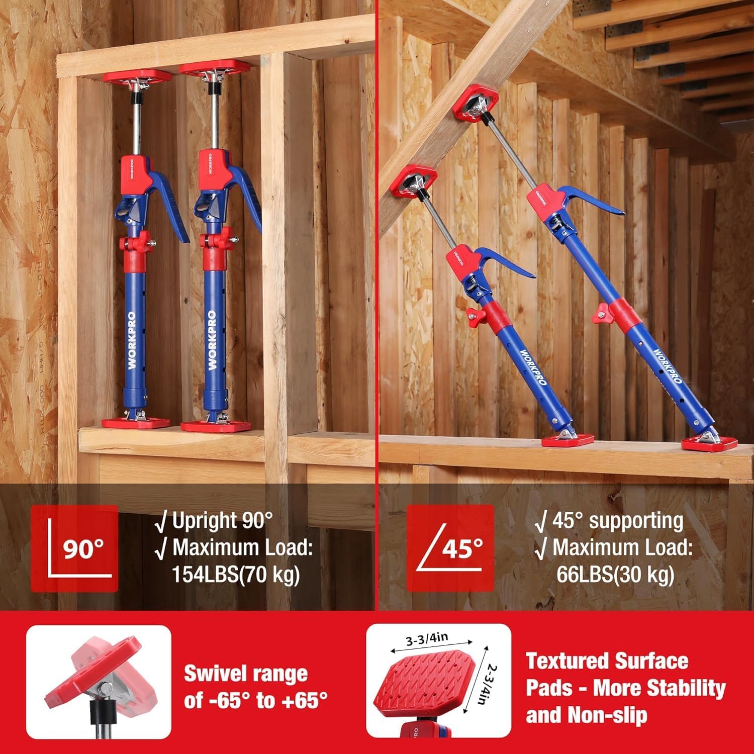 Set of WORKPRO support poles holding a work surface in a 90° and 45° setup