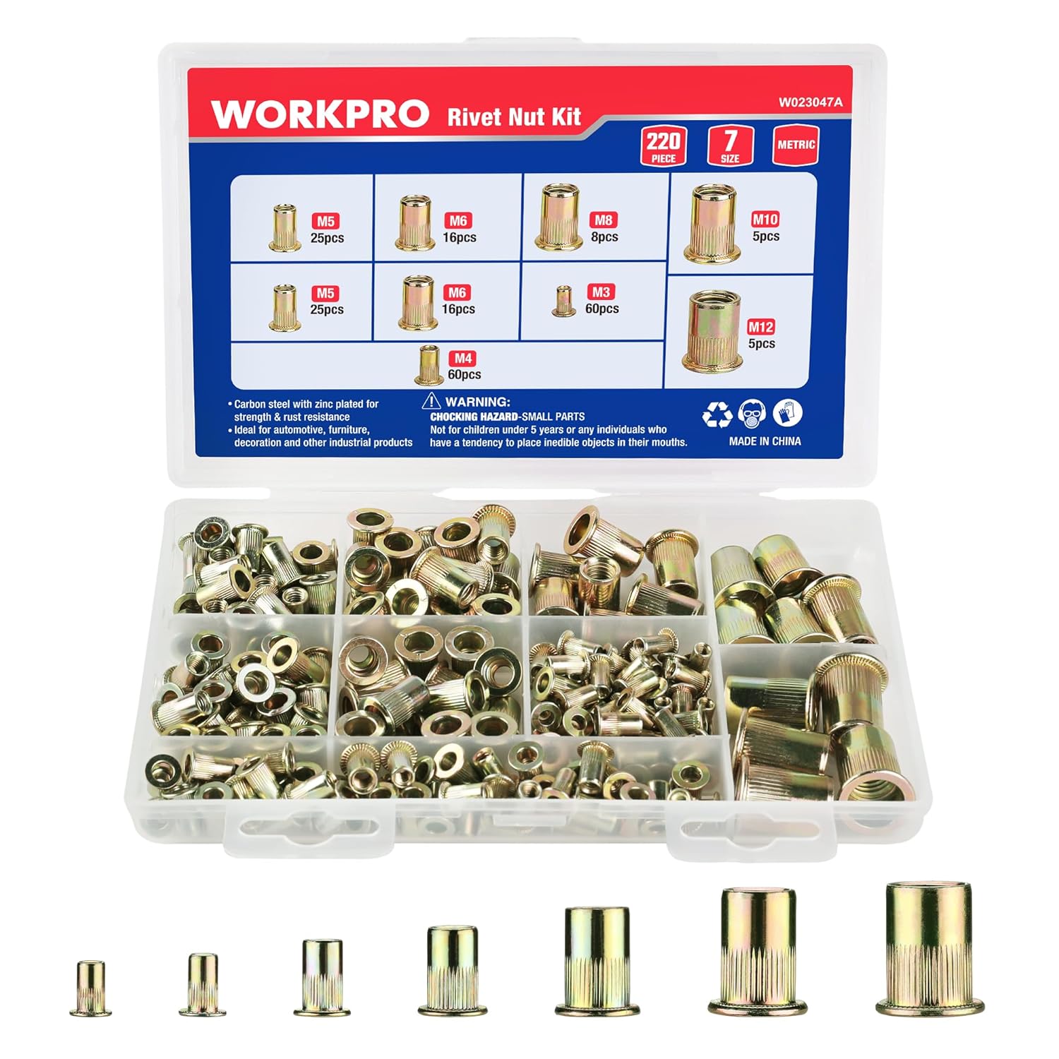 Assorted zinc-plated steel rivet nuts kit in clear storage case, metric M3–M12