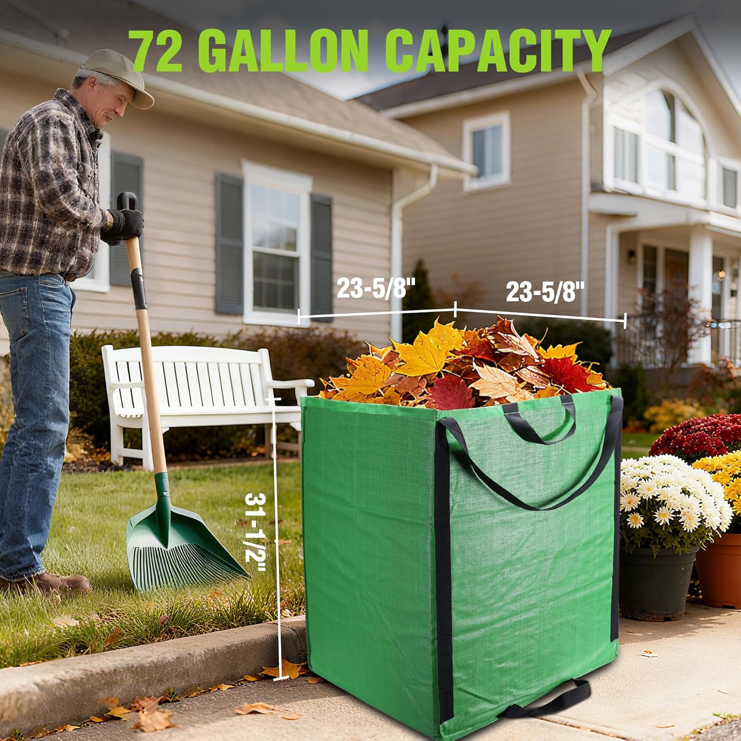 Green 72-gallon yard waste bag with wide opening and sturdy front carrying handles