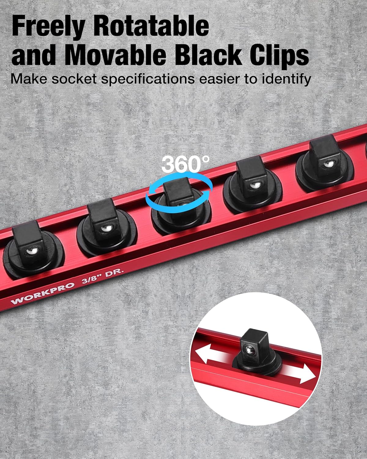 Red socket organizer rail with rotatable black clips for easy socket identification